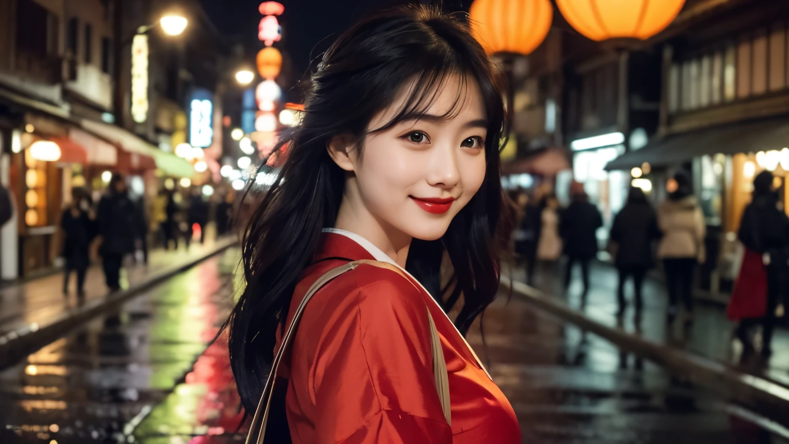 (best quality,16k),beautiful japan young woman,red dress,perfect smile,smiling to the camera,standing in japan city,at night,red lips,city lights,neon lights,traditional japanese lanterns,night sky,reflection on the wet ground,glowing umbrellas,shining windows,beautifully decorated buildings,hustle and bustle,passing cars,pedestrians walking by,graceful posture,serene expression,long black hair flowing in the wind,strands of hair gently covering her face,peaceful atmosphere,soft glow from streetlights,harmony between modern and traditional elements,deep sense of culture and tradition.