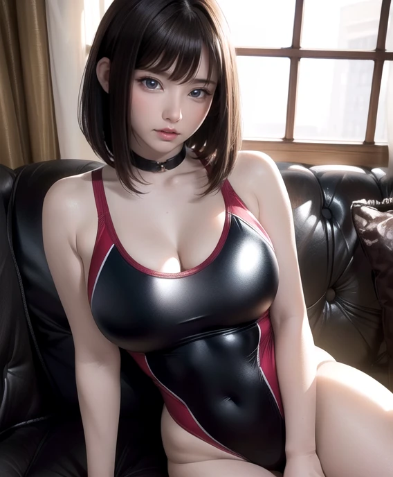 Japanese ,One Girl,(非常にdetailedな肌),curvy,,Beautiful big breasts,(Big Breasts),Pale skin,Pointed Chest,Erect nipples,(Fantasy art,Best image quality,Hyperrealist portrait,(8k),Ultra-realistic,最high quality, high quality, High resolution, high quality texture,Attention to detail,Beautiful details,detailed,Extremely detailed CG,detailed Texture,Realistic facial expressions,masterpiece,in front,dynamic,bold),short hair,(very thin hair),(Very soft hair),(Super Straight Hair:1.5),length, sleek bangs,Very light coppery amber hair,Hair on one eye,Wearing a competition swimsuit,、Sit facing forward on the sofa、M-shaped legs、Showing the audience the crotch、Accentuate the crotch、