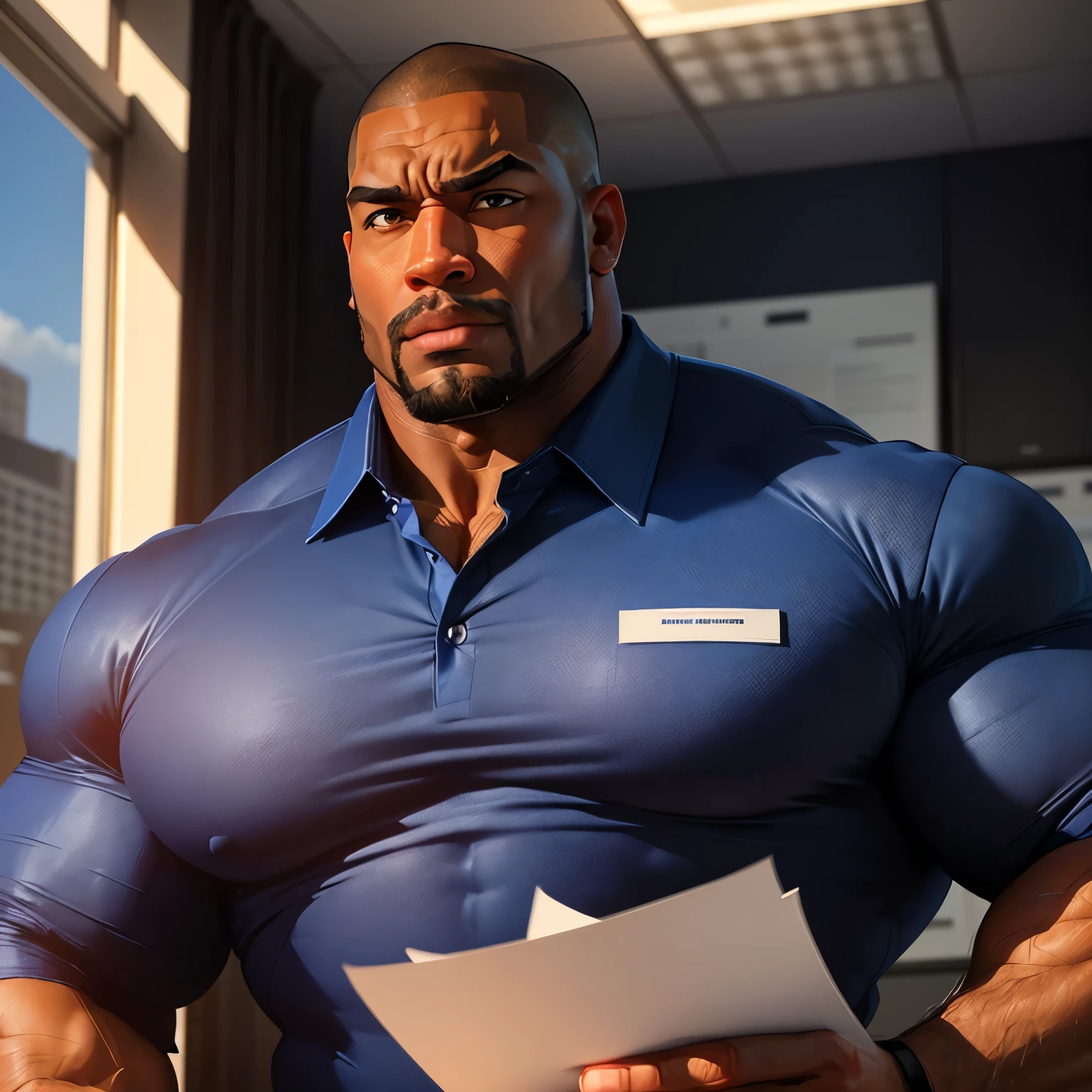 an exaggeratedly muscular and large bodyguard, beefy build, beard, dark-skinned african american male, buzzcut hair with square line, (surprised expression: 1.2), (wearing collared royal blue business shirt: 1.2), barely buttoned, small name tag on shirt, (bara pecs: 1.3), (arm and chest hair: 1.1), close-up portrait HD, (fancy office interior with large windows)