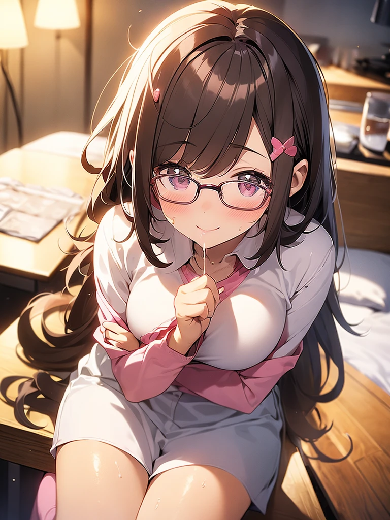 One girl, glasses with pink frames, brown hair, wide forehead visible, short hair, naked, no clothes, very small breasts, pink nipples, pink pussy, pussy visible to the viewer , in a luxury hotel room, sitting on a bed, dark room, downlight, blushing, smiling kindly, looking up at the viewer, love juice flowing from her pussy, sweat,