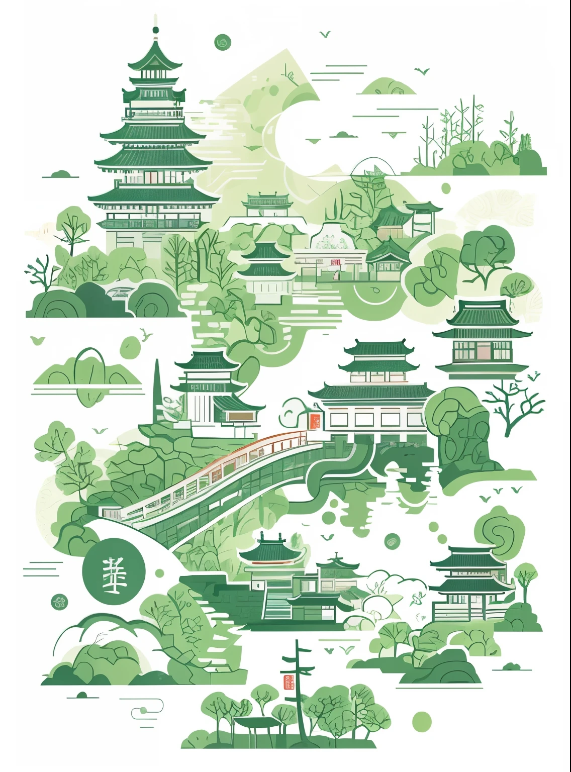 A green and white illustration，Depicts a bridge across a river, Oriental Wallpaper, Kyoto Inspired, Inspired by Zhou Wentianchong, Inspired by Yoshida Toshi, Inspired by Yoshida Hanbei, Chinese scenery, Temple Background, Dreamy Chinatown, old Chinese building, zen Temple Background, Chinese style pattern，A beautiful artistic illustration, Tang Palace, Inspired by Victor Wei, Inspired by Zhou Wentianchong, Full color illustrations，old Chinese building，Da-Yan Tower，Peony，illustration，City Wall，Ying Tianmen，flat，2D