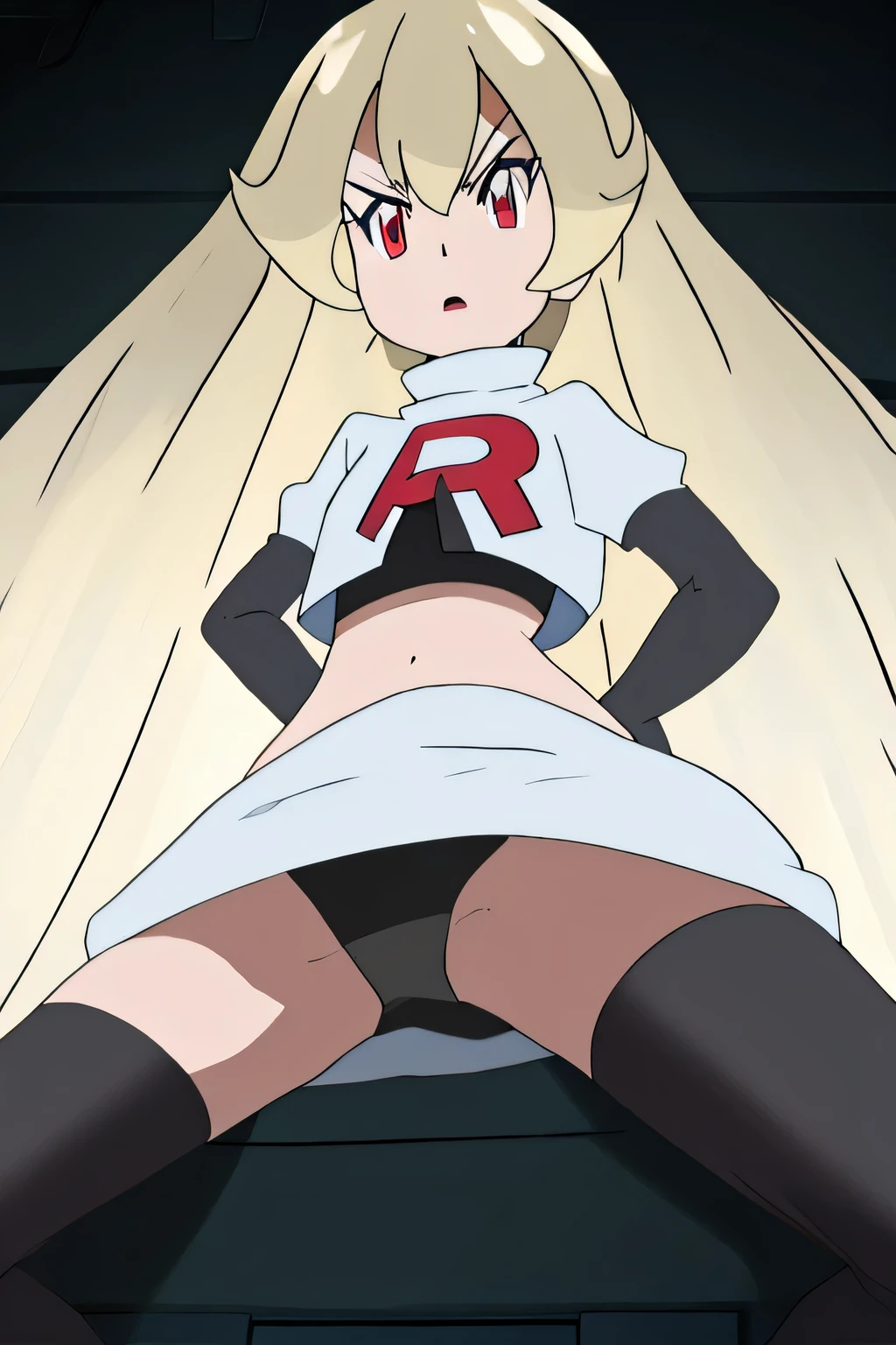 masterpiece,best quality,high res,high quality,Roselia Millstein,short hair,blond hair,red eyes,8k, masterpiece,highres, team rocket uniform, red letter r, white skirt,white crop top,black thigh-high boots, black elbow gloves, glaring angrily, looking down at viewer, hands on hips, cowboy shot, zettai ryouiki,spread legs,from below, black panties,anime style, vivid colors, sharp focus, intense lighting,