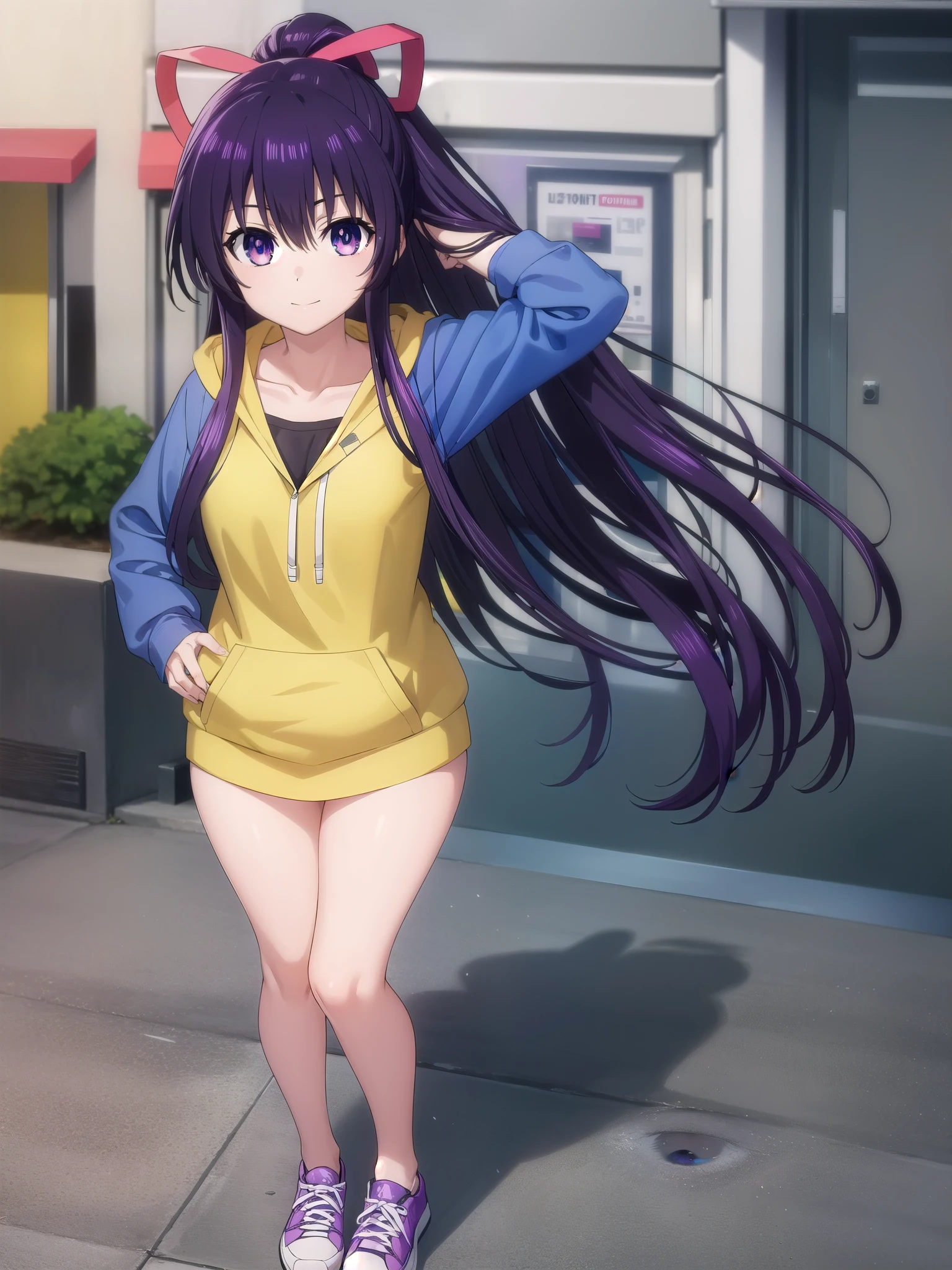tohkayatogami, tohka yatogami casual, long hair, purple hair, alluringly smile , yellow hoodie, oversize hoodie, denim, (purple eyes:1.1), hair ribbon, ponytail, purple hair, white ribbon, g cup breasts, bewitched thighs, slender waist, plump butt , stylish sneakers
BREAK ,
BREAK outdoor, front family mart store, alone,
BREAK looking at viewer, standing, bow , hand on hair,
BREAK (masterpiece:1.2), best quality, high resolution, unity 8k wallpaper, (illustration:0.8), (beautiful detailed eyes:1.6), extremely detailed face, perfect lighting, extremely detailed CG, (perfect hands, perfect anatomy),