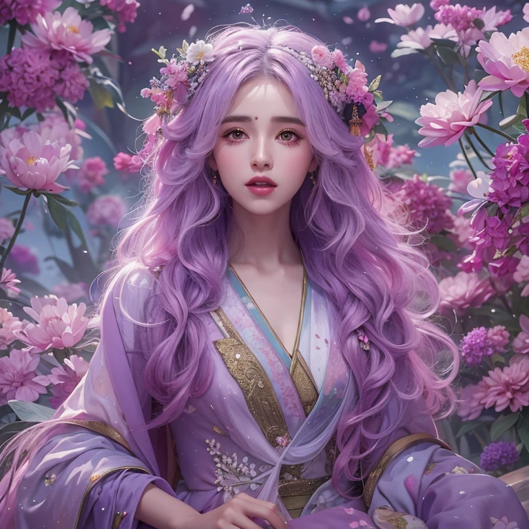 Snow hoop exclusion area 32K(tmasterpiece,k hd,hyper HD,32K)Long flowing purple-pink hair,Autumn Pond,zydink, a color, Tongzhou people (Girl with glowing eyes), (Thin silk scarf), Side squat position, looking at the ground, long whitr hair, Floating hair, Python headdress, Chinese long-sleeved clothing, (abstract ink splash:1.2), white backgrounid,Lotus protector(realisticlying:1.4),Purple-pink hair,Snowflakes fluttering,The background is pure, A high resolution, the detail, RAW photogr, Sharp Re, Nikon D850 Film Stock Photo by Jefferies Lee 4 Kodak Portra 400 Camera F1.6 shots, Rich colors, ultra-realistic vivid textures, Dramatic lighting, Unreal Engine Art Station Trend, cinestir 800,Long flowing purple-pink hair,((masterpiece)). This artwork is sweet, dreamy and ethereal, with soft pink watercolor hues and candy accents. Generate a delicate and demure fae exploring a (bubblegum world with a wide variety of pastel shades). Her sweet face is extremely detailed and realistic with elegant features and a fierce expression, and looks like ((((naomi scott)))). Include mature features and stunning, highly realistic eyes. Her eyes are important and should be realistic, highly detailed, and beautiful. In high definition and detail, include lots of details like stars, galaxies, colorful bubbles, colorful petals, and lots of energy and emotion! The stars and colorful bubblegum bubbles are important! Include fantasy details, enhanced details, iridescence, colorful glittering wind, and pollen. Pay special attention to her face and make sure it is beautifully and realistically detailed. The image should be dreamy and ethereal.8k, intricate, elegant, highly detailed, majestic, digital photography
