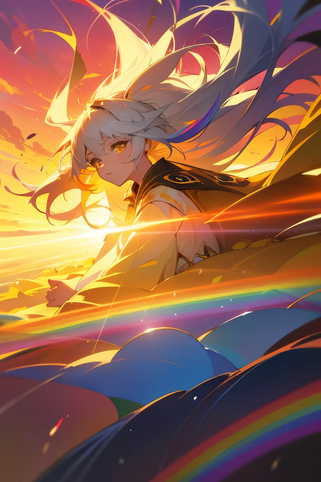 high resolution, Masterpiece, female, long hair, white hair, yellow eyes, rainbow dress, sunset, sky, floating, wind, ray trancing, close up, vibrant color, colorful paintes