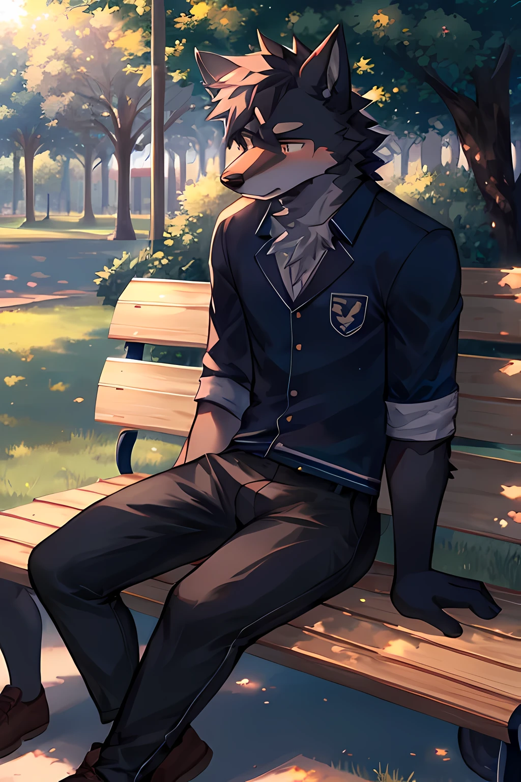 Sad Furry black wolf man wear student uniform and trousers sit on bench in park evening time