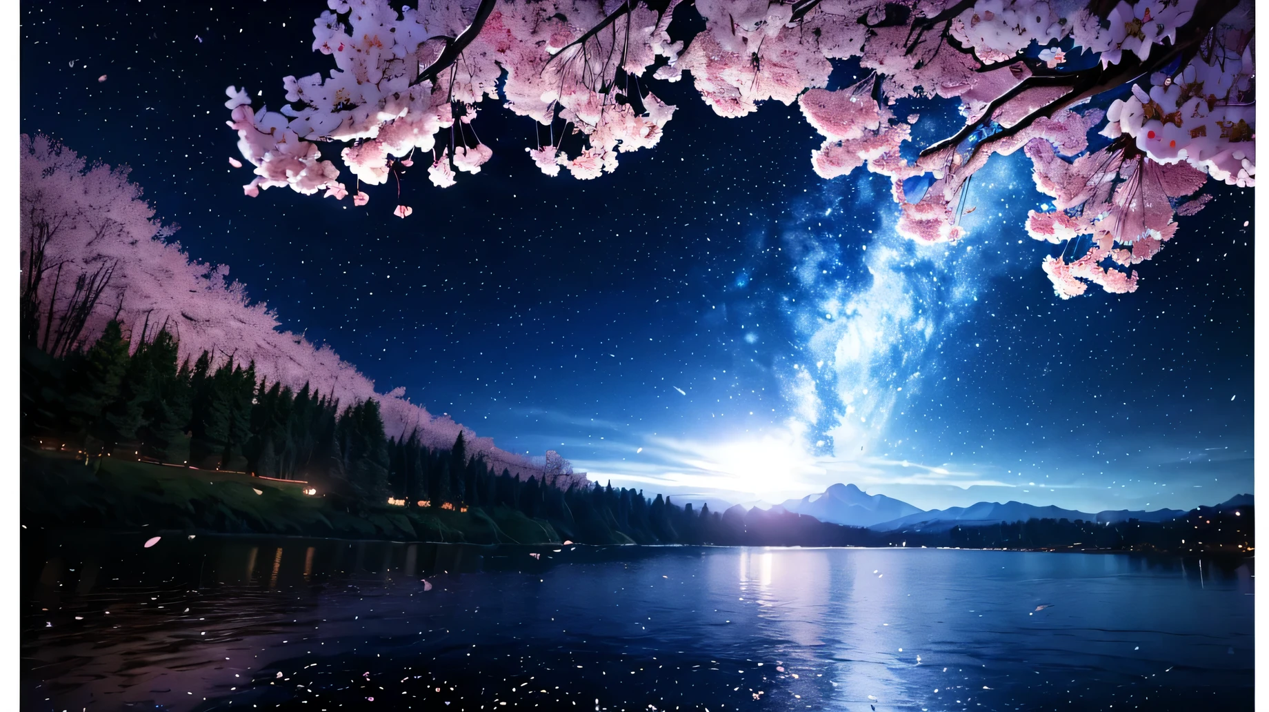 night, moon, Starry Sky, Quiet night wind scenery, ((logo, wonderful, 8k, Tabletop, RAW Photos, wonderful, 最high quality, Photorealistic and Very detailed CG Integrated 8k Wallpaper, high quality, Very detailed, story poem, Particle Effects, Dynamic Effects, Text border depth, Cinematic Light, Lens flare, Ray Tracing, Tabletop, Genuine: 1.4, Ultra HD: 1.2, Genuine, Genuine)), Fantasy, Anatomically correct, night, Wind, camp, firewood, The beauty and brilliance of mountains and forests, The silence of the world and the beauty of grasslands, Vast land, Lakeside, wonderful scenery, Beautiful natural wind scenery, Wind, cherry blossomsの花びらが舞っている, cherry blossoms blizzard, Falling petals.