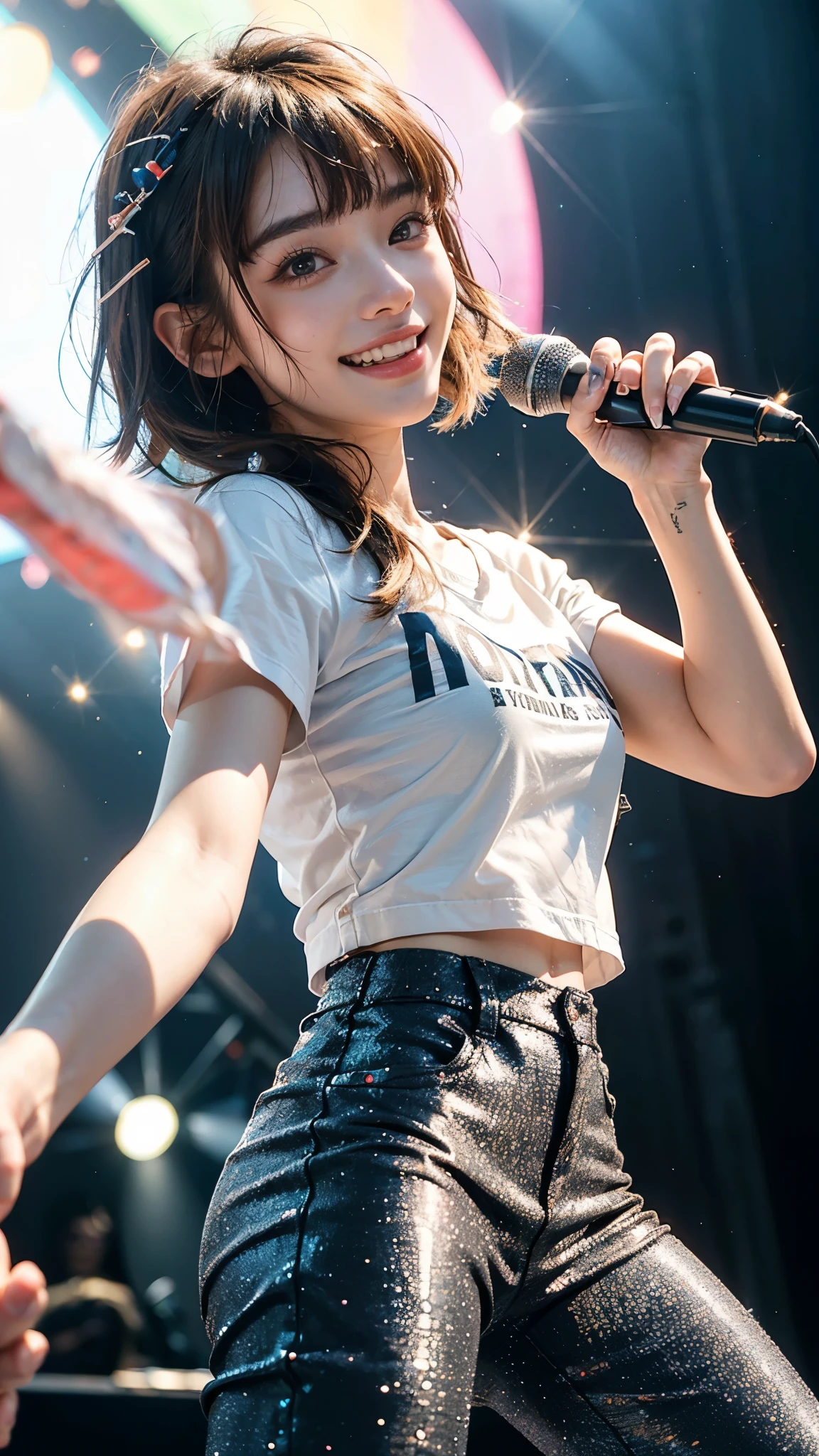 highest quality, masterpiece, Ultra-high resolution, (Realistic:1.4), (Close-up portrait) RAW Photos, 5 girls,20-year-old,((Sparkly Nails)),((Tight short T-shirt and parachute pants)),((Twin tail hair)),((K-popアイドルメンバーです)),((On stage at Nissan Stadium)),((kpop idol live venue)),((Synchronized dancing with other members)),((Lots of sparkling penlight lights)),Messy Hair,((Cap Chestnut)),((Bangs short hair)),Realistic,picture media chest)),((Smiling with teeth showing)),((Big smile))