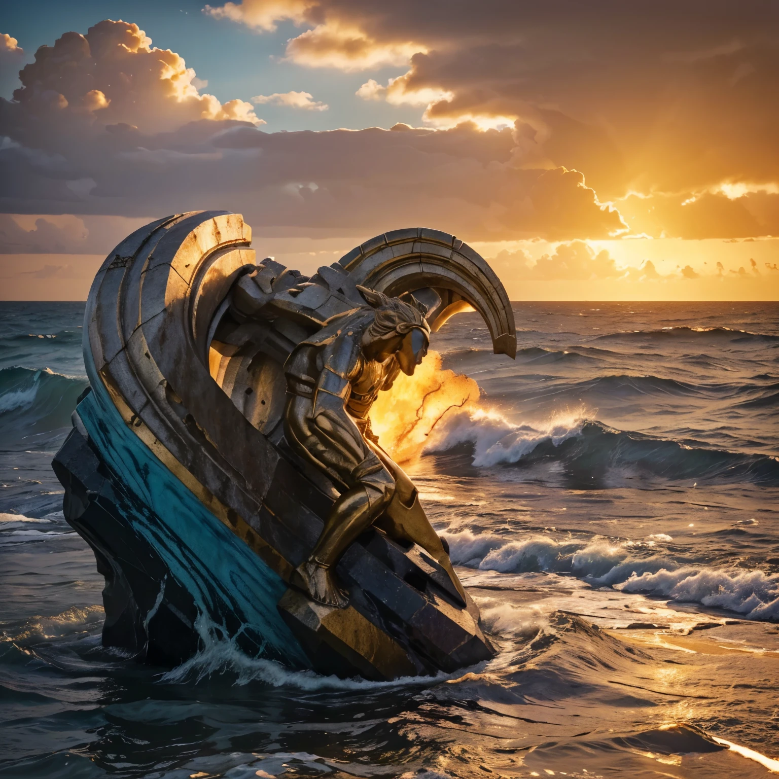 (a crumbling warrior statue,unending ocean),(sculpture,marble),(dramatic waves,crashing waves,stormy sea),(best quality,4k,highres),grandeur,(mythological,vibrant colors),(golden sunset),(soft, warm lighting)