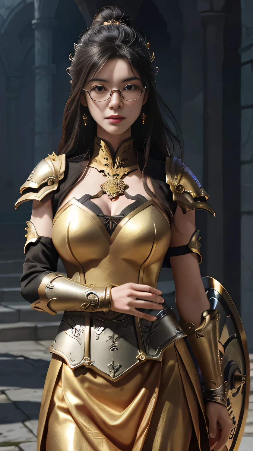 a close up of a woman in a golden and red dress, chengwei pan on artstation, by Yang J, detailed fantasy art, stunning character art, fanart best artstation, epic exquisite character art, beautiful armor, extremely detailed artgerm, detailed digital anime art, artgerm on artstation pixiv, armor girl, glasses, earnings, red latex skirt, big breast, holding shield,