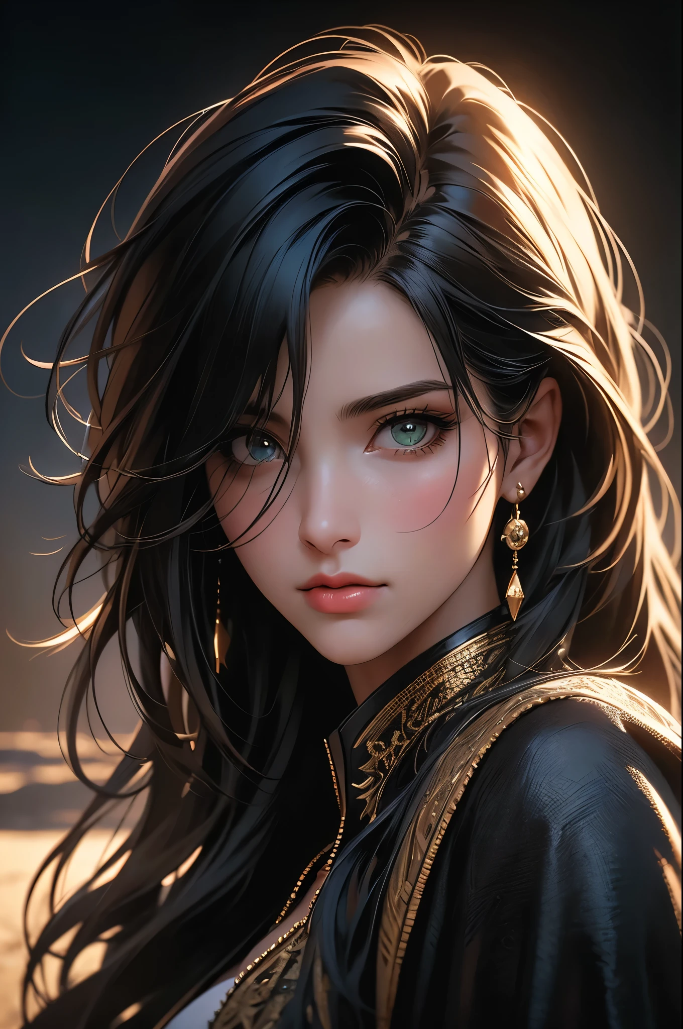 Portrait of a turkish woman with 25 years old, with white skin, her left eye is green and the right eye is gold, and ((long black straight hair)), delicate lips, she wears a leather black clothes. She is in a desert night scenery. symmetrical face, symmetric eyes, fotografia realista, fotografia, obra-prima, realista, Realismo, renderizado, Alto contraste, photographingrealistic digital art trend on Artstation 8k HD high definition detailed realistic , detalhado, textura da pele, hiper detalhado, Textura realista da pele, armadura, melhor qualidade, ultra high-resolution, (fotografiarrealista: 1.4), high resolution, detalhado, fotografia crua, sharp re, by lee jeffries nikon d850 film stock photographygrafiagraphy 4 kodak camera portra 400 lens f1.6 colors rich hyper realistic texture dramatic lighting irrealengine trending on artstation cinestill 800, DnD artsyle, 4k resolution