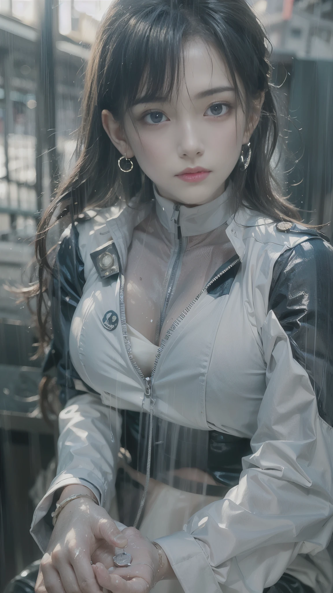 (Realistic:1.5, 16k, highest quality, masterpiece, Ultra-high resolution), ((Typhoon heavy rain, From below)), Highly detailed skin and facial textures:1.3, Perfect dynamic composition:1.2, (Modern city at night, Police station at night, Expressions of sadness:0.9, Low angle shooting:0.9), A young police officer getting wet in the rain:1.2, Fair skin:1.2, Sexy beauty:1.1, Incredibly slim body:1.2, beautifully、beautiful:1.1, Very beautiful face:1.2, Water droplets on the skin, (The rain drips down on my body:1.2, Wet body:1.2, Wet Hair:1.3), (Next to it is a white police bike:1.2, How to properly put on a wet police uniform:1.3), belt, (Shapely large breasts, Bra is sheer, Chest gap), (Big eyes that exude beautiful eroticism:0.8, Lips that exude beautiful eroticism:0.8), handcuffs, pistol, necklace, Earrings, bracelet, wedding ring, Highly detailed and accurate hand and finger representation