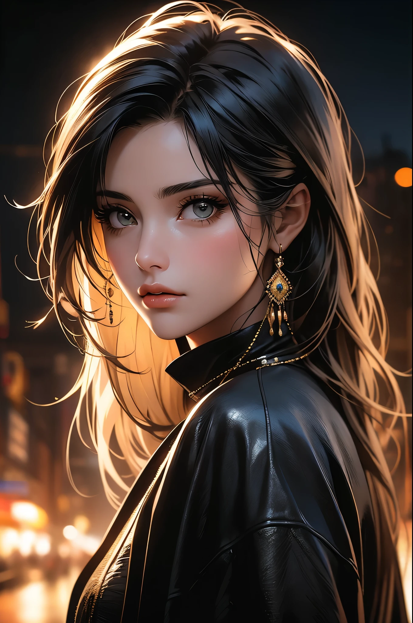 Portrait of a turkish woman with 25 years old, with white skin, her left eye is green and the right eye is gold, and ((long black straight hair)), delicate lips, she wears a leather black clothes. She is in a desert night scenery. symmetrical face, symmetric eyes, fotografia realista, fotografia, obra-prima, realista, Realismo, renderizado, Alto contraste, photographingrealistic digital art trend on Artstation 8k HD high definition detailed realistic , detalhado, textura da pele, hiper detalhado, Textura realista da pele, armadura, melhor qualidade, ultra high-resolution, (fotografiarrealista: 1.4), high resolution, detalhado, fotografia crua, sharp re, by lee jeffries nikon d850 film stock photographygrafiagraphy 4 kodak camera portra 400 lens f1.6 colors rich hyper realistic texture dramatic lighting irrealengine trending on artstation cinestill 800, DnD artsyle, 4k resolution