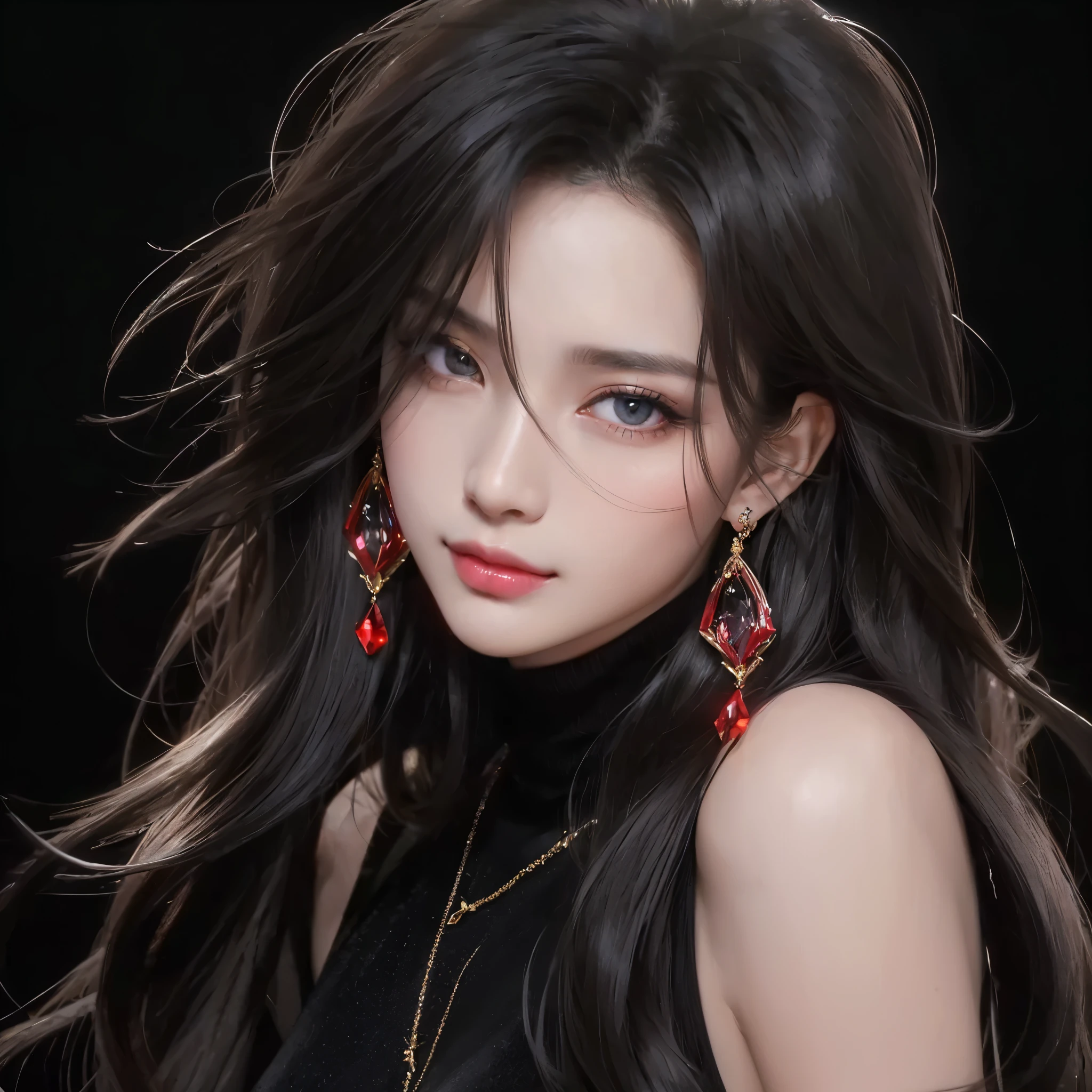 (Tabletop, Digital Art, Digital illustration, 4K, 8K, Ultra-detailed, Beautiful images, Clear images, Realistic, RAW Photos, Perfect Face, Perfect Lines, Perfect Eyes, Soft lighting) ,1 female, (Long black hair,Split bangs、Bullish gaze,Beauty,closed mouth,smirk,Mature,(slender,),White skin,23-year-old female,:1.3),Glossiness、Glossiness、Lip gloss、red crystal jewelry