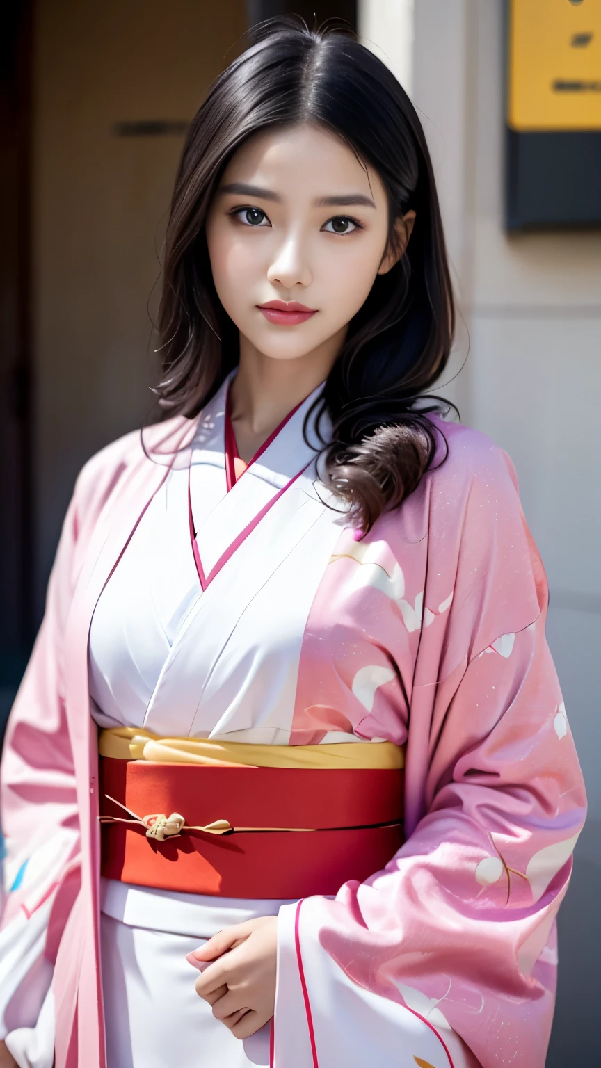 White kimono、Pink Japanese pattern、(Long-sleeved kimono:1.5)、or、(Top Grade)、1 female、、Whole Body Ezbian、Black-haired、Tie your hair back、(Realistic:1.7)、((Best image quality))、Absurd、(超A high resolution)、(Photoreal:1.6)、Photoreal、Octane Rendering、(超Realistic:1.2)、(Realistic face:1.2)、(8k)、(4K)、(masterpiece)、(Realistic skin texture)、(Awareness-raising、Cinema Lighting、wall-)、(Beautiful Eyes:1.2)、((((Perfect Face))))、(A cute face like an idol:1.2)、( Are standing)、shrine、bird ready、(January)、Cute face with attention to detail、True Beauty、Laughter、