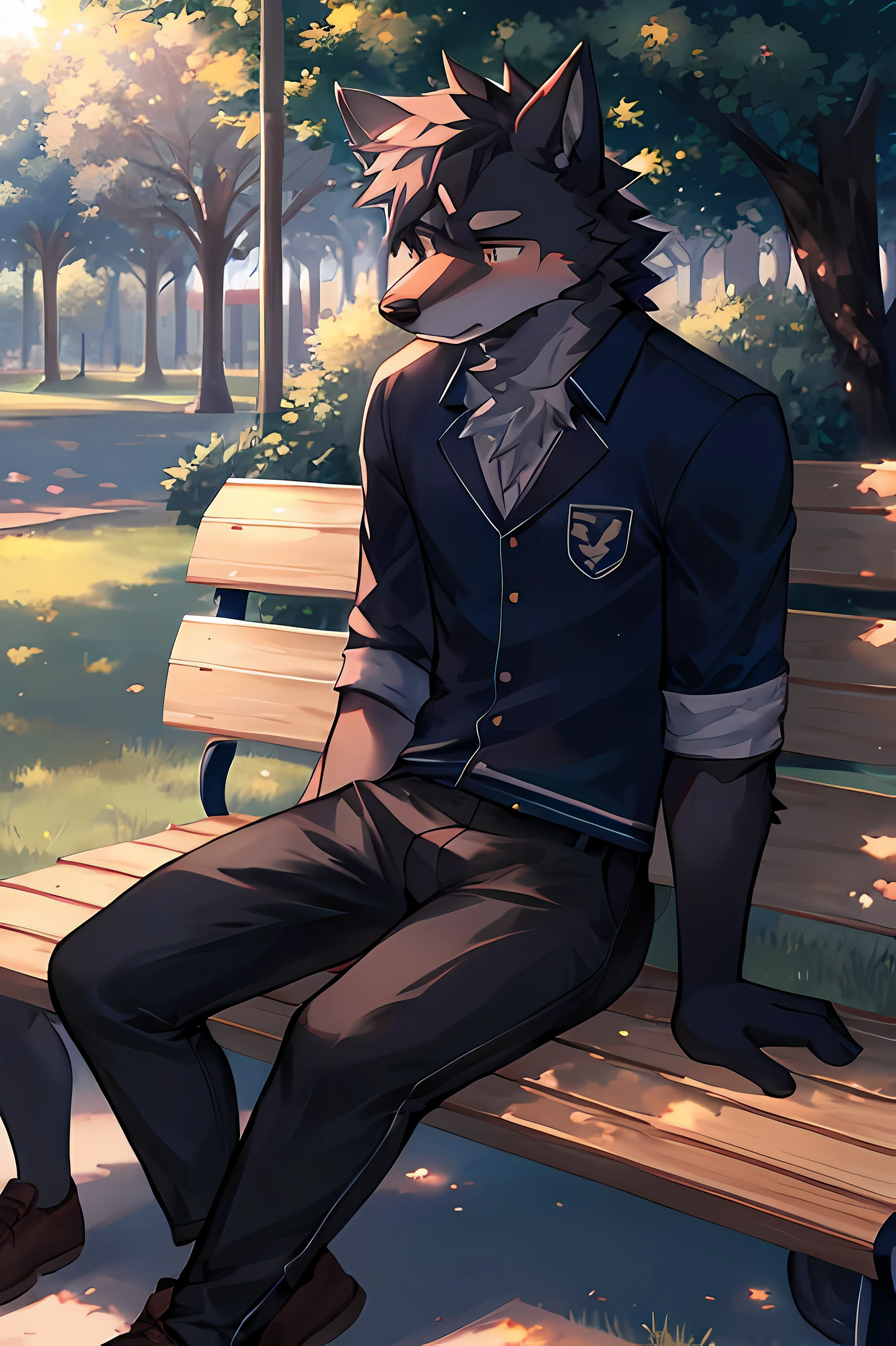 Sad Furry black wolf man wear student uniform and trousers sit on bench in park evening time