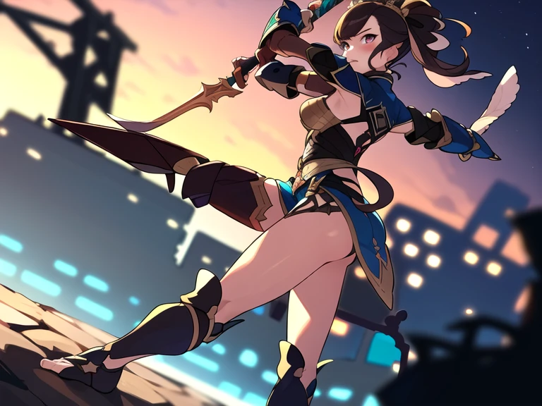 (((8k,Best Quality)), Masterpiece, outdoor, girl, holding sword, dynamic pose, feet out of frame, female, fantasy armor, solo, thong, ((blurry background, low detail background,))
dutch angle, facing away,