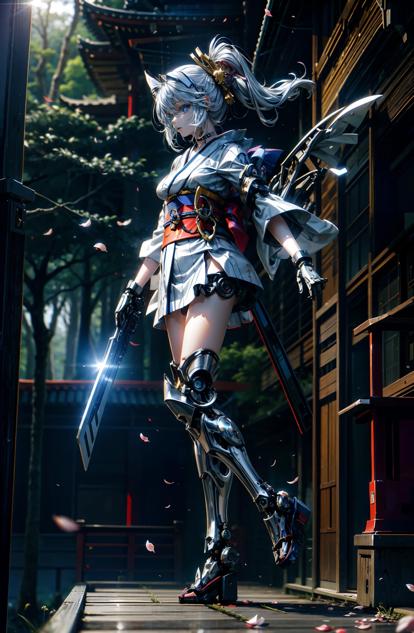 Hyper Quality、8K quality、High resolution、Image quality captured with a single-lens reflex camera、(SFW)、Perfect Anatomy、(桜🌸がテーマ)Mecha Girl、Silver Hair、20 year old beautiful girl.Blue Eyes、Three-dimensional and realistic black mechanical parts、(Mechanical parts below the elbows and knees:1.2)BREAK (Kimono-style costume:1.4)Equipped with a long Katana blade:1.2(Perfect Anatomy:1.4)BREAK(looking away:1.2)sit、Cherry tree々(Cherry tree々and petals:1.4)(morning、The sunlight shines in、Temple veranda:1.5)(早morning、Forests around、dawn、The sunlight shines in:1.5)