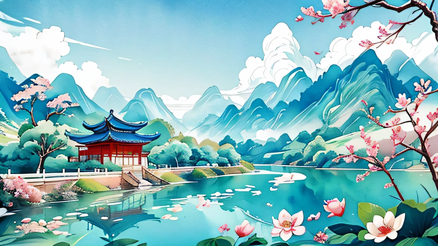 Beautiful scenery,watercolor(((Ink Painting,watercolor painting))),A Beautiful scenery painting,Stunning landscape paintings,rich and colorful,rich and colorful,fair,ArtStation website is popular,wonderland,Imaginative,Intricate details,Landscape details,Low saturation,Low contrast,Clean colors,Epic creation,Perfect composition,Pastoral scenery,farmland,blue skywhite clouds,Terraces,farm,village,Mountains,Mountain,stream,Mountains and rivers,Endless farmland,White Cloud,blue sky,picturesque,Gorgeous,Elegant and natural,Flowers and Birds,Calm and peaceful,Fresh and natural,A Beautiful scenery painting,