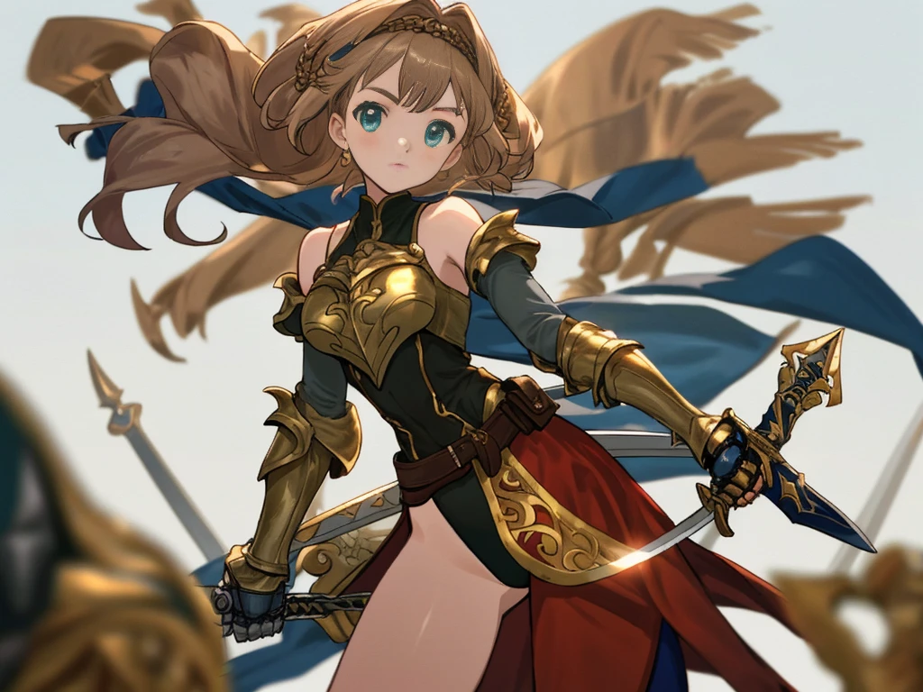 (((8k,Best Quality)), Masterpiece, outdoor, girl, holding sword, dynamic pose, gauntlet, feet out of frame, looking at viewer, female, variety of hair styles, variety of hair colors, (cropped shoulders), ((highleg leotard)), solo, ((gauntlets)), ((greaves)), loincloth, bare shoulders, belt pouch, long puffy sleeves, blurry background, low detail background,