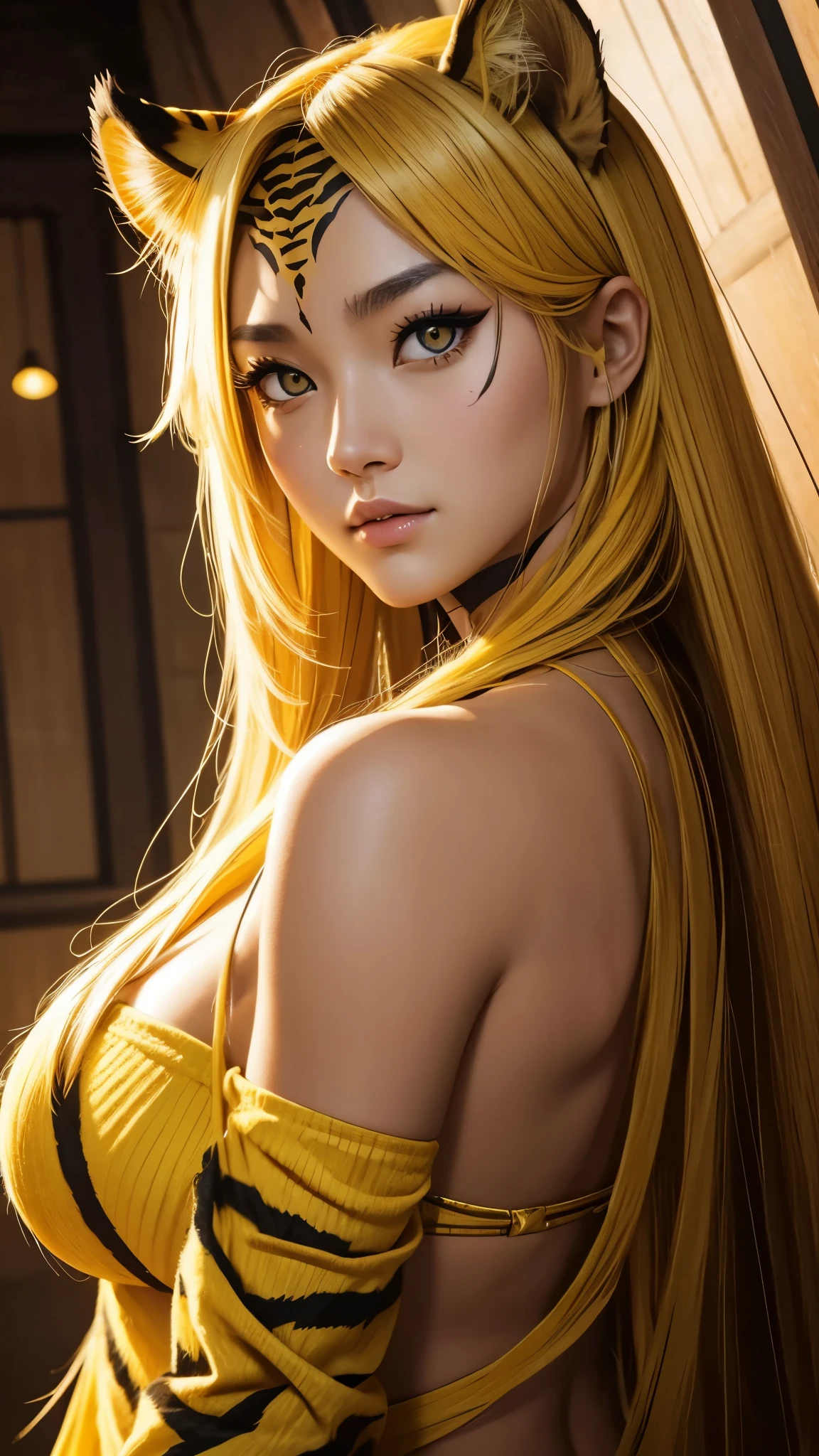 She's a tiger beastman, so she doesn't wear any clothes.、Her skin is smooth and very beautiful、Hairless pubic area、yellow hair、Yellow eyes、She doesn't wear underwear because she's a tiger beastman、shot from a side angle、soft breasts、
