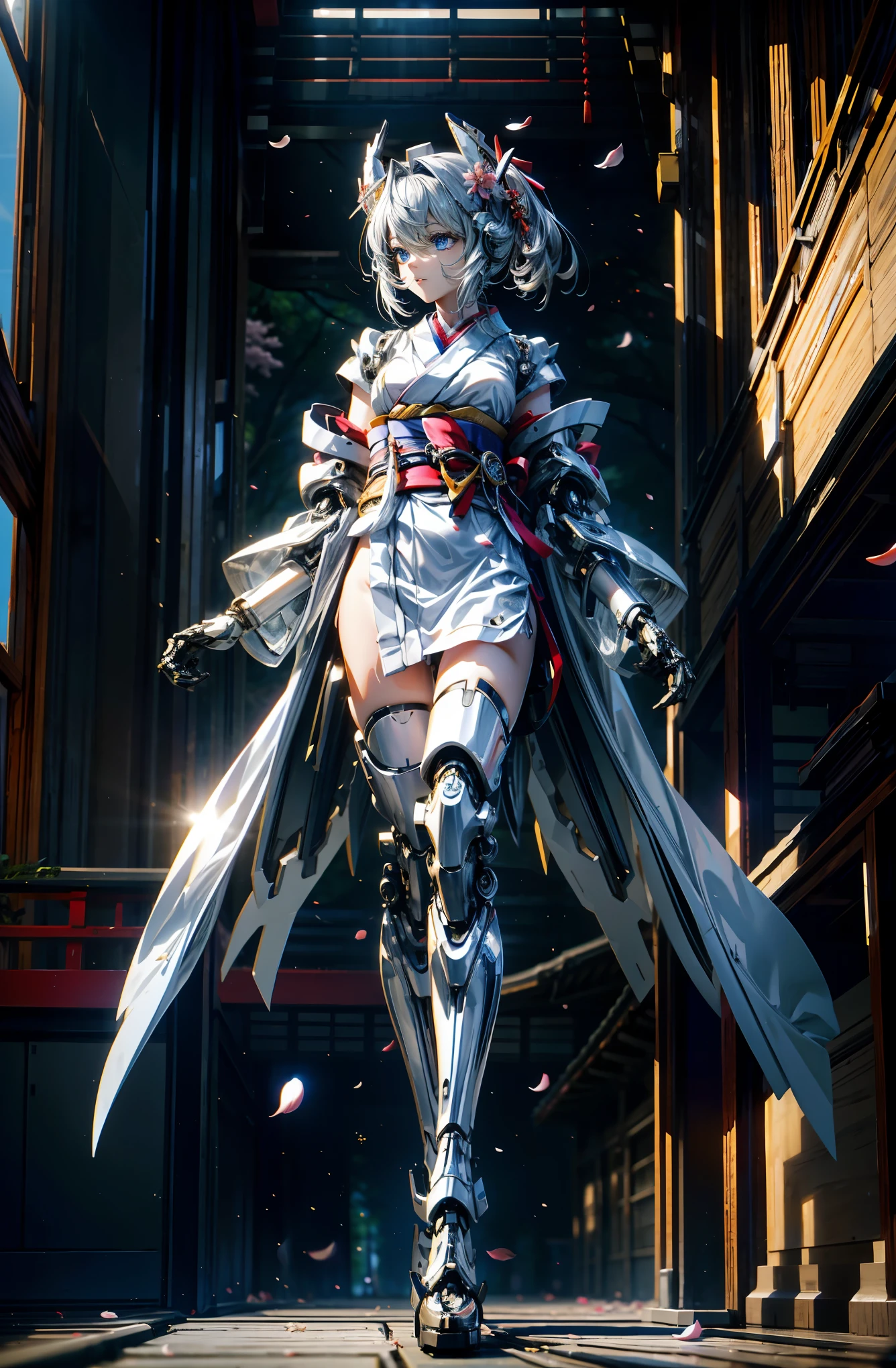 Hyper Quality、8K quality、High resolution、Image quality captured with a single-lens reflex camera、(SFW)、Perfect ???????、(桜🌸がテーマ）Mecha Girl、Silver Hair、20 year old beautiful girl.Blue Eyes、Three-dimensional and realistic black mechanical parts、(Mechanical parts below the elbows and knees:1.2)BREAK (Kimono-style costume:1.4)Equipped with a long Katana blade:1.2（Perfect ???????:1.4）BREAK(looking away:1.2)sit、Cherry tree々(Cherry tree々and petals:1.4)(morning、The sunlight shines in、Temple veranda:1.5)(早morning、Forests around、dawn、The sunlight shines in:1.5)

