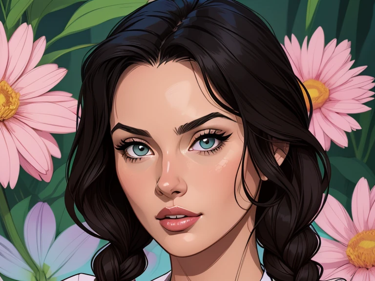 Character Monica Bellucci cartoon image of a young woman .cartoon style illustration, estilo de arte dos desenhos animados,digital illustration style, design de personagens altamente detalhado, arte digital detalhada profissional, floresta Design de personagens de retrato, beautiful digital illustration, retrato de alta qualidade, Arte em quadrinhos, mulher jovem. expression of sexual desire well-aligned braided hair . Roupas leves de primavera