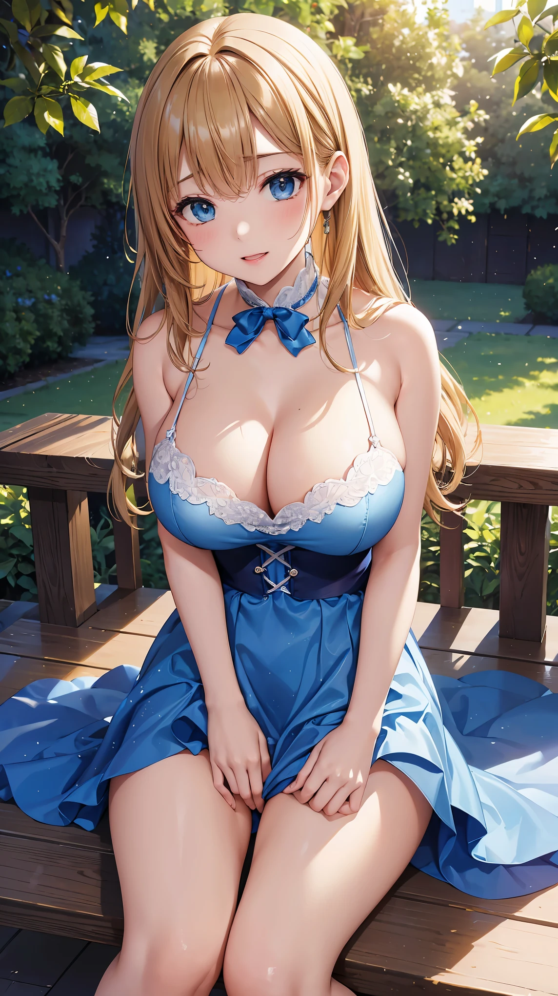 ((highest quality、High resolution))、Portrait、A beautiful woman、Perfect body、beautiful ample breasts、Long blonde、bangs、Blue and white、Embellished blue sexy dress、skirt、a sexually excited look、Legs wide open、((I&#39;m seducing you、I'm inviting you to have sex))、Outdoor Scenery