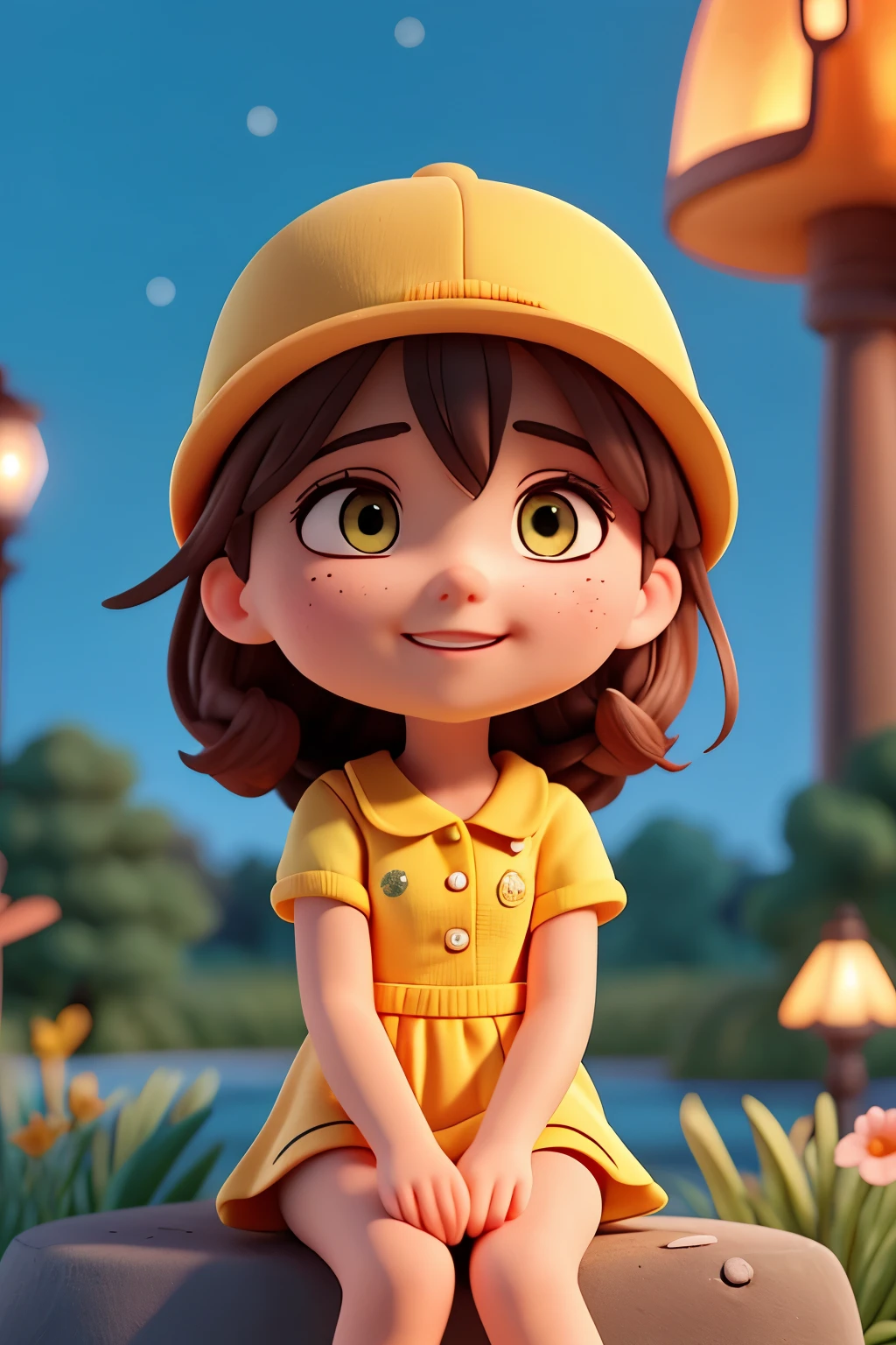 Um entregador animado, vestido de uniforme amarelo, sitting confidently on the edge of a sidewalk, head covered by a hat. The right hand holds a package tightly, while the left presents an expression full of joy. The solitary environment is illuminated by the detailed light of a lamp., creating deep shadows that contrast with the character&#39;s colorful appearance. Ultra-high 8k visual quality captures the detail of every line of the hat, das cint