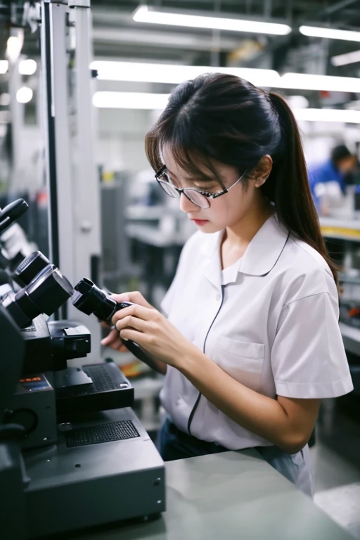 A woman wearing work clothes and conducting a microscope examination in a factory