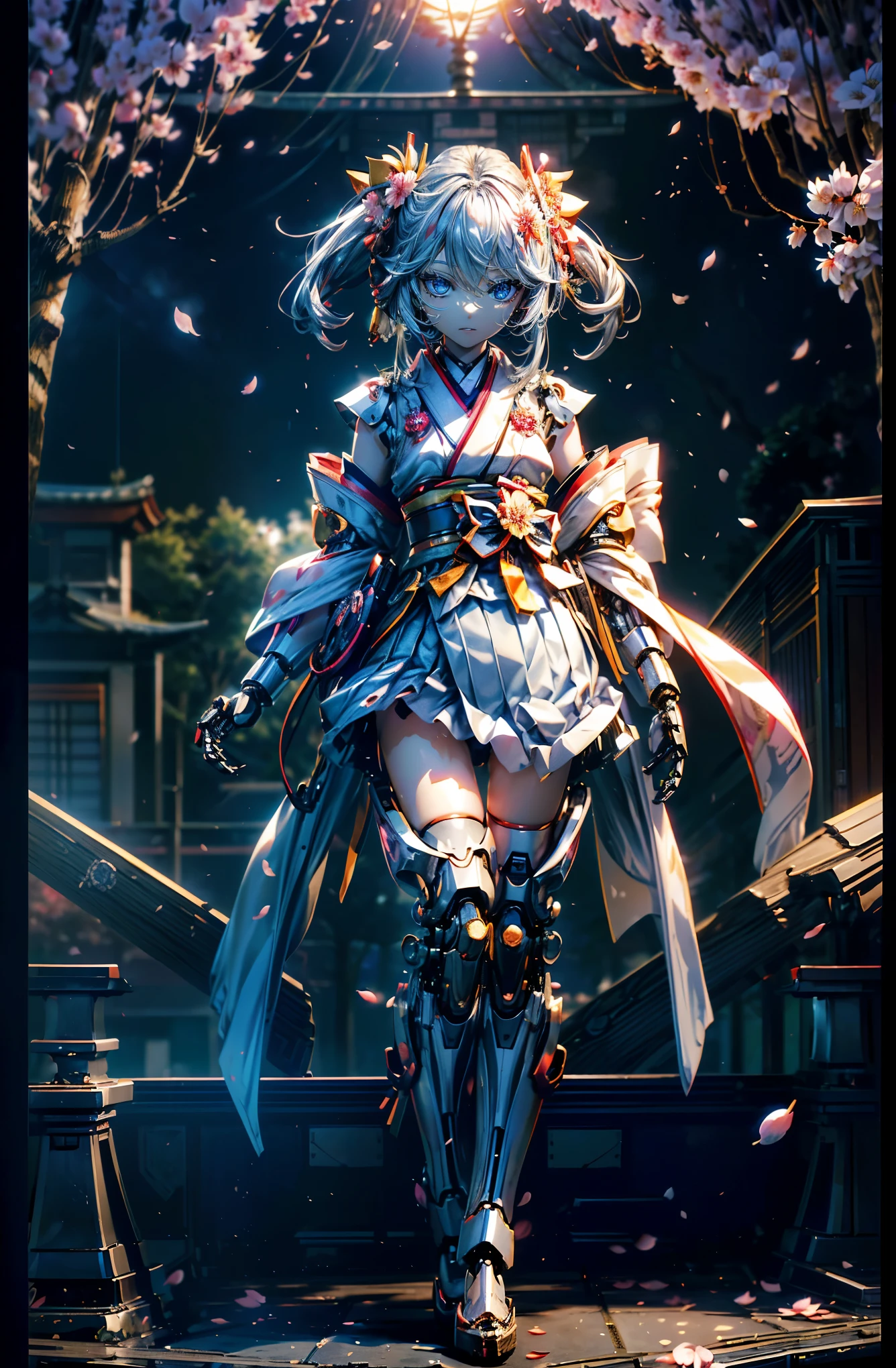 Hyper Quality、8K quality、High resolution、Image quality captured with a single-lens reflex camera、(SFW)、Perfect Anatomy、(桜🌸がテーマ）Mecha Girl、Silver Hair、20 year old beautiful girl.Blue Eyes、Three-dimensional and realistic black mechanical parts、(Mechanical parts below the elbows and knees:1.2)BREAK (Kimono-style costume、kimono:1.2)Katana equipped（Perfect Anatomy:1.4）BREAK(looking away:1.2)sit、Cherry tree々(Cherry tree々and petals:1.4)(morning、The sunlight shines in、Temple veranda:1.2)(早morning、dawn、The sunlight shines in:1.5)

