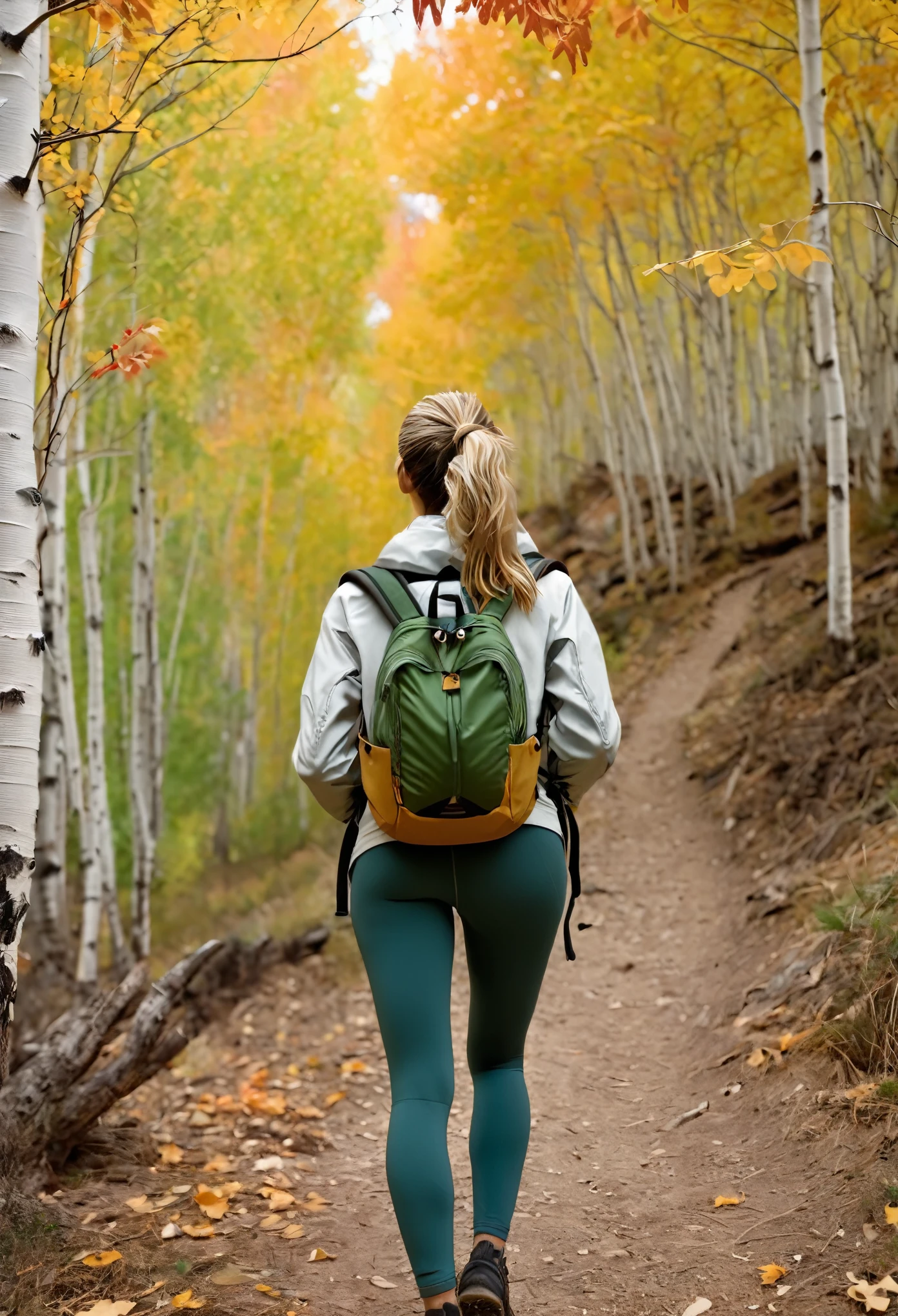 solo woman hiking from behind, film quality, highest details, walks in front of you, she wears backpack, light outdoor jacket and tight matte grey leggings, (ultra-realistic cloth texture), you see her from behind, attractive woman, relaxed on mountain trail, geared up, outdoor fashion, blonde brown hair in messy ponytail, gorgeous surroundings. solo woman, fall trees, (highest quality texture), (vivid fall colored leaves: orange, red, burnt sienna, naples yellow, green leaves) on the aspen trees, (ultra-realistic extures, coloring) film quality, (extreme detail of her fabric, hair ), she wears hair up, backpack (extreme backpack detail texture), she's in front of viewer, walking comfortable, beautiful fall trees ,soft accent autumns light, (ultra-real), crisp gorgeous rembrandt like lighting, (Rembrandt patch), (highest quality window details), fall mountain aspens trees in background, silky long dark hair, every detail,Fine facial features, Masterpiece – Masterpiece ○○ quality – ○○ quality best quality(Highest Quality) ,Leica film, best, solo female, High quality (hiquality) etc ○○ detailed – ○○ details ultra detailed(Ultra-fine ), Photorealistic, from behind, Extremely detailed(Extremely detailed) , Finely detailed(Fine-grained), (highest detail skin texture peachfuzz earlobe realistic), (highest detailed neck and body), etc ○○ res – ○○ resolution ultra high res(A high resolution) , very high texture res(light resolution), Realistic – Realistic Photorealistic – photorealistic beautiful – beautiful 4k , 8K,extreme detail of nature, dreamy, close and intimate, she is in front of camera, captivating surroundings, (highest quality hair, fabric, hiking ((nautral surroundings ultra-realistic details of deep color))), calming and relaxed in fall photoshoot