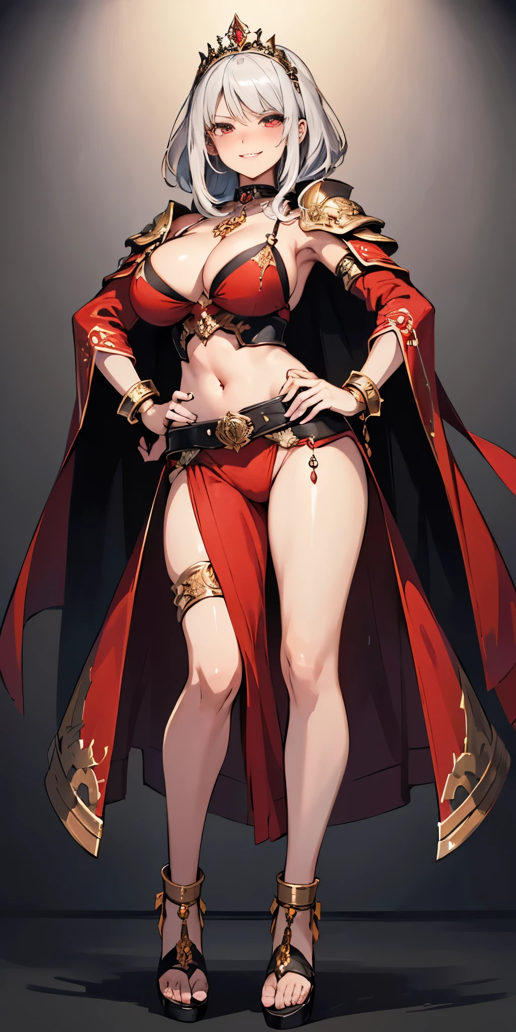 ((BLACK BACKGROUND,1:2, masterpiece)), full body MILF BIMBO standing with two long thighs and two high heels, red eyes, silver white hair, short bob style hair, big breasts, cleavage, separate sleeves, tiara royal, long cape up to two feet, yellow bikini, hands on waist, navel, lustful smirking smiling, smile face (red blushed, red cheeks), metal shoulders, gold sleeveless armbands, black leather choker slave collar, shackle bracelets, slave red crest, full body MILF BIMBO standing with two long thighs and two metal sandals, red eyes, silver white hair, short bob style hair, big breasts, cleavage, separate sleeves, tiara royal, long cape up to two feet, yellow bikini, tiger bikini stripes, hands on waist, navel, lustful smirking smiling, smile face (red blushed, red cheeks), metal shoulders, gold sleeveless armbands, black leather choker slave collar, shackle bracelets, slave red crest, pauldrons, breastplate, corset, eye focus, full body, whole body 1solo slave fighter, loincloth standing, hands on hips, metal sandals, backpack, choker, big belt around waist, view from below, feet together, bracers, tiara)