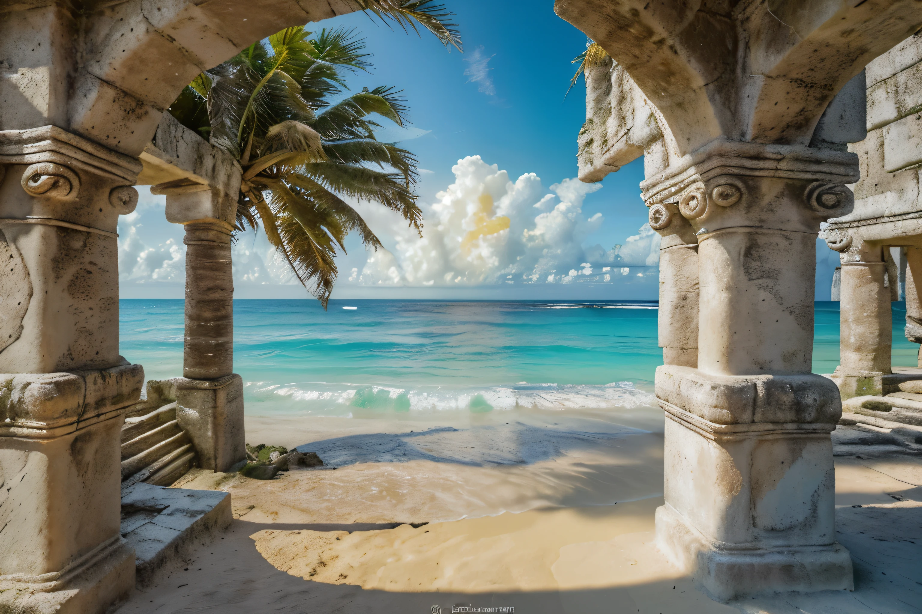 Tulum Beach in Mexico is a picturesque paradise where palm trees sway and ancient Mayan ruins stand tall. This breathtaking scene is captured in a vibrant painting, showcasing the perfect harmony between history and natural beauty. The golden sands glisten under the sun, contrasting beautifully with the lush green foliage and the weathered stone structures. The detail in the ruins is exquisite, highlighting the intricate carvings and aged textures. Overall, this evocative image transports viewers to a world of timeless charm and wonder.