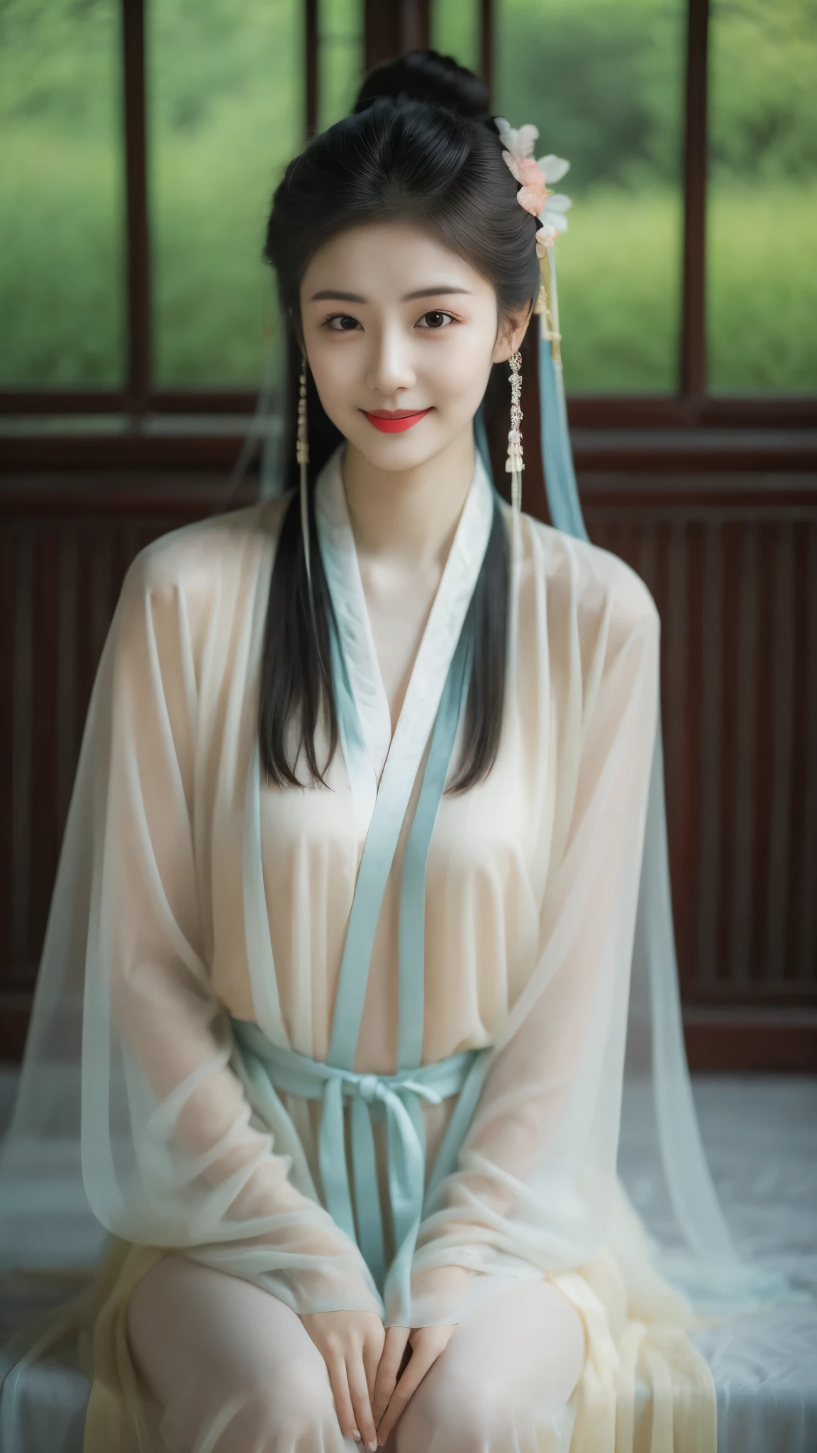 (8k, best quality, masterpiece:1.2),(Practical, Photo-realistic:1.37),Super detailed, ((1 girl)), Creek，full的乳房，Resilient  ,Wearing Hanfu，(25 years old)，Lovely，Solitary，Beautiful sunset，(Smile:1.15),(Shut up),Beautiful and delicate eyes,(medium length:1.2),long flowing hair ,Slightly fat，full