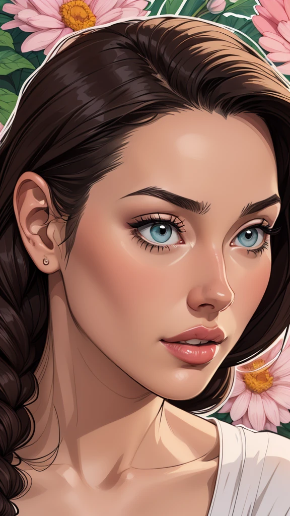 Character Monica Bellucci cartoon image of a young woman .cartoon style illustration, estilo de arte dos desenhos animados,digital illustration style, design de personagens altamente detalhado, arte digital detalhada profissional, floresta Design de personagens de retrato, beautiful digital illustration, retrato de alta qualidade, Arte em quadrinhos, mulher jovem. expression of sexual desire well-aligned braided hair . Roupas leves de primavera