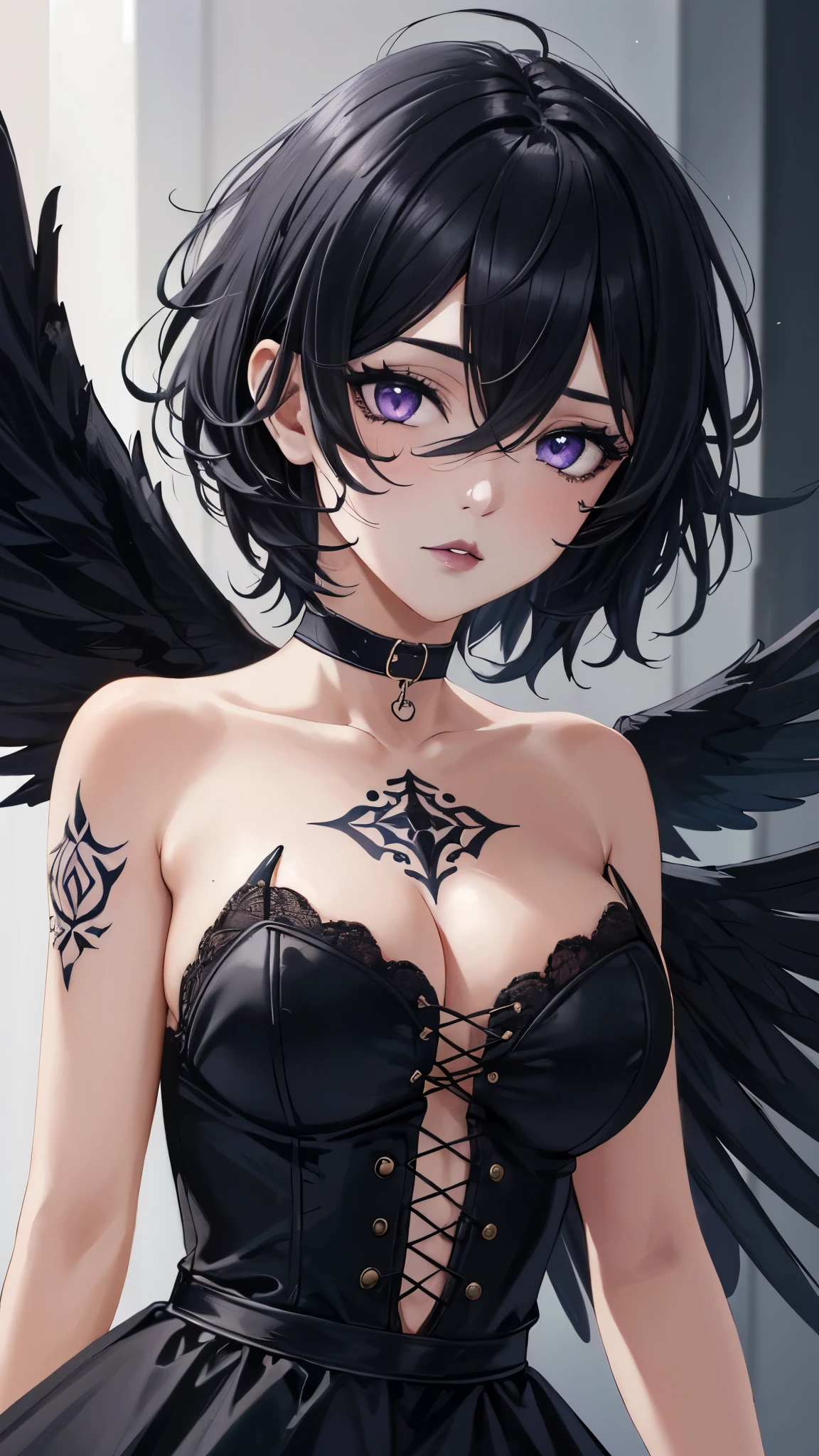 masterpiece,(best quality,top quality,8k),illustration,painting,detailed eyes and face,(1girl), purple eyes, black hair, messy hair, short hair, hair between eyes,(tatto:1.2), pixie cut, goth, gothic, choker, black lips, (black dress:1.2), pretty girl, beauty skin, ultra high res, raw photo , detailed body ,(puffy eyes) ,good contrast , high sharpness,(gorgeous),realistic,RAW Photography,(hyperdetailed:1.2)