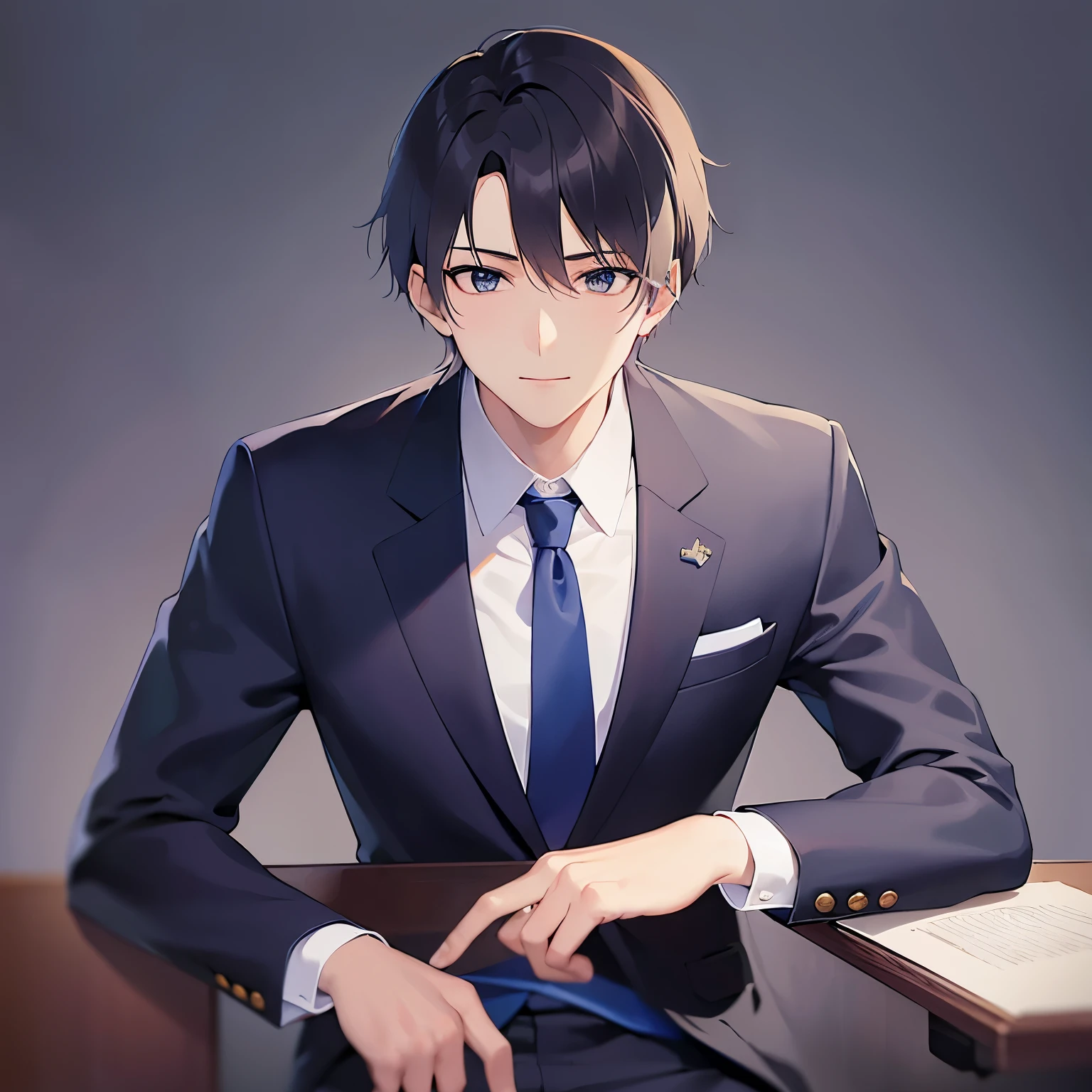 masterpiece、highest quality、(25-year-old male:1.5) and (Black short hair) and (blue eyes), (Wearing a navy blue suit:1.5) and (White collared shirt) and (Blue tie)、Sitting、smile、The background is the office、Alone、