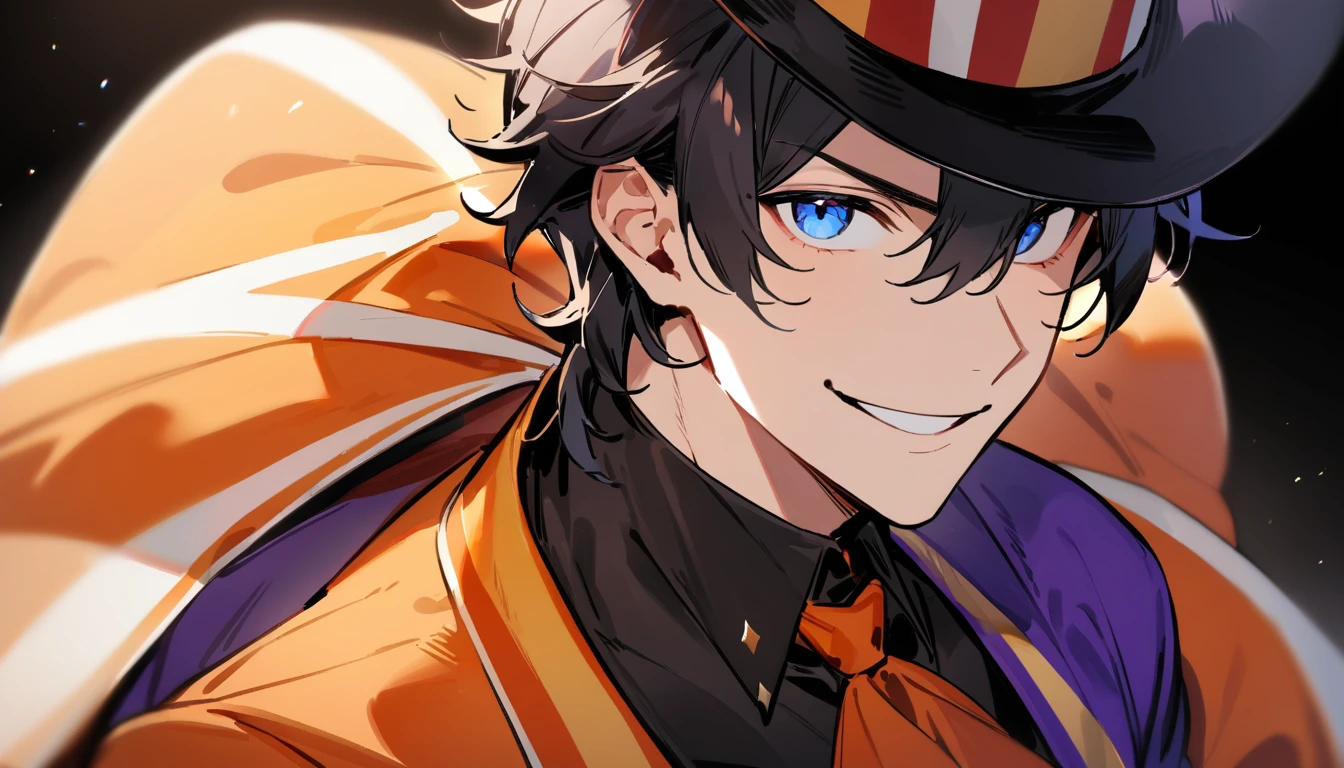 1boy, male, short black hair red stripe, blue eyes, orange circus clothes , happy face, masterpiece, best quality, very aesthetic, absurdres, half body focus, stand in middle circus, smile face, 30 years old, half body, black background, black magician hat, side prespective