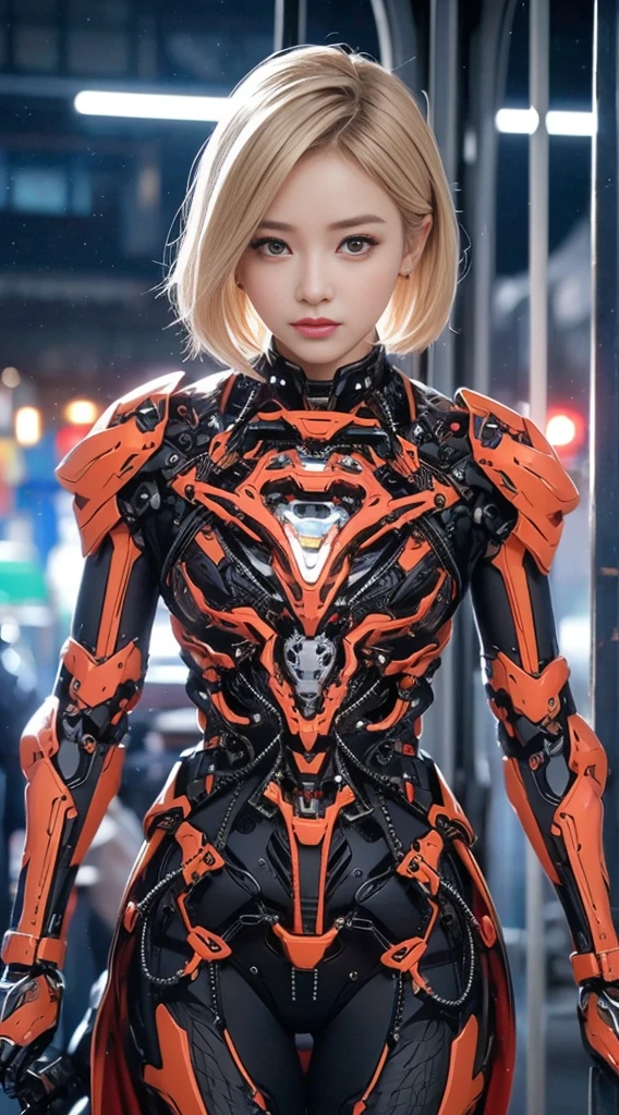 (1.mechanical girl)、Top quality、masterpiece、Ultra-high resolution、(Photorealistic:1.4)、original photo、1 girl、blond hair、Glowing skin、(((1.mechanical girl)))、(LED light mechanical helmet)、(Small LED)、((Ultra-realistic details))、porch、Global Illumination、shadow、Octan Rendering、8k、Super sharp、huge 、Bare skin is exposed in the cleavage、Metal、Intricate decorative details、Japan Details、extremely intricate details、realistic light、CG social trends、Red Eyes、Radiant eyes、face camera、Neon detail mechanical limbs)、(Blood vessels connect to tubes mechanically attached to the vertebrae in the back、Mechanical cervical spine immobilizer、(Wires and cables to the head)、Gundam、Small LED、,Mechanical thigh、Tustock、