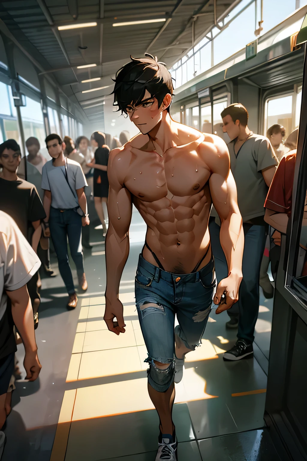 shirtless handsome manly short black hair caucasian male in tattered short jeans and sneakers, shirtless, sweating profusely, walking inside the train station, inside the train station is crowded with people, falling in line at the counter to buy a ticket 