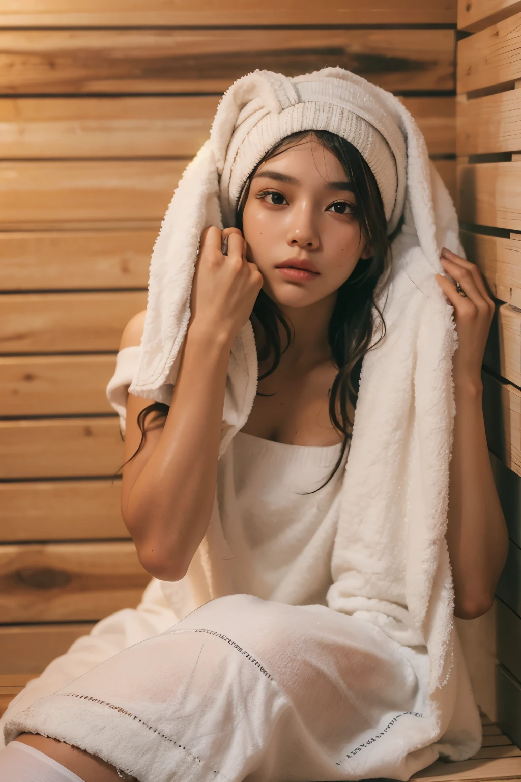 ((best quality)), ((masterpiece)), (detailed), perfect face, Araped woman with a towel on her head, Sitting sweating in the sauna, Madison Beer, without makeup, Profile picture, Use Instagram Filters, Subtle soft and dim light, perfect face, julia sardinian, perfect hands, Random Actions, Full-body view,
