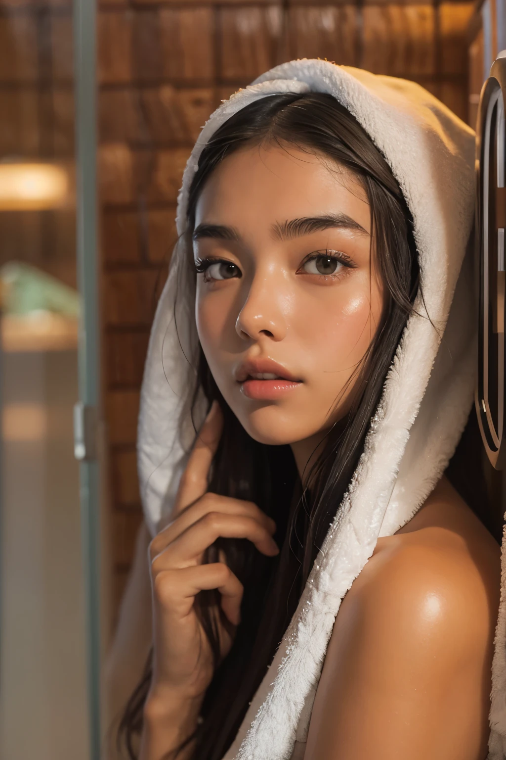 ((best quality)), ((masterpiece)), (detailed), perfect face, Araped woman with a towel on her head, Sitting sweating in the sauna, Madison Beer, without makeup, Profile picture, Use Instagram Filters, Subtle soft and dim light, perfect face, julia sardinian, perfect hands, Random Actions, Full-body view,
