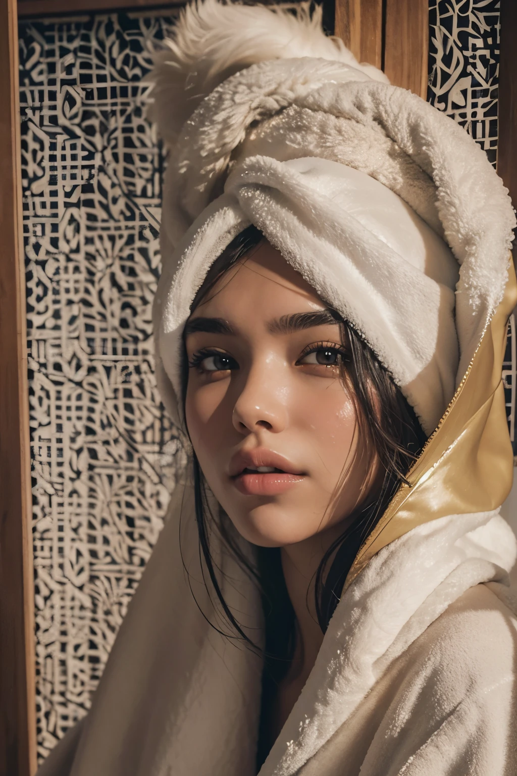 ((best quality)), ((masterpiece)), (detailed), perfect face, Araped woman with a towel on her head, Sitting sweating in the sauna, Madison Beer, without makeup, Profile picture, Use Instagram Filters, Subtle soft and dim light, perfect face, julia sardinian, perfect hands, Random Actions, Full-body view,