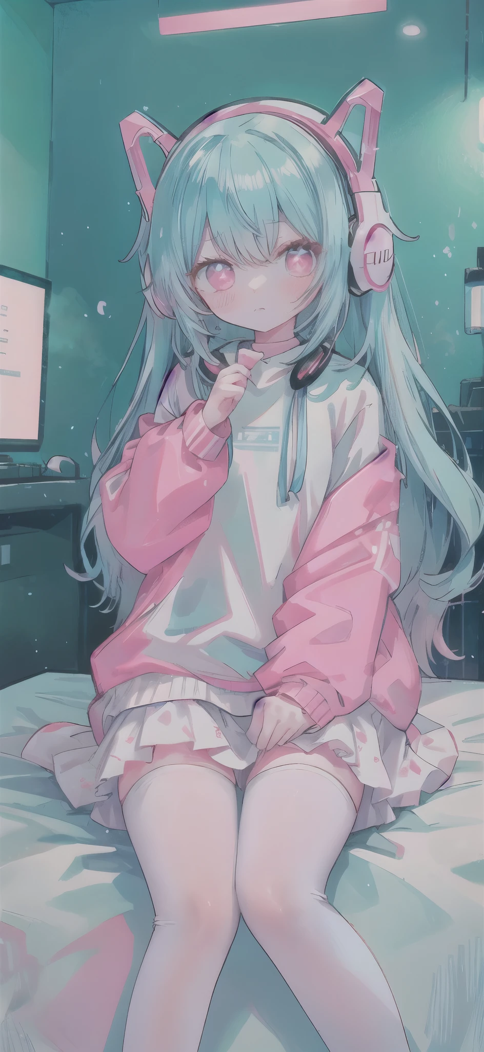 ，White knee socks，Long light blue hair，Pink and white sweatshirt，pink eyes，Blue headphones