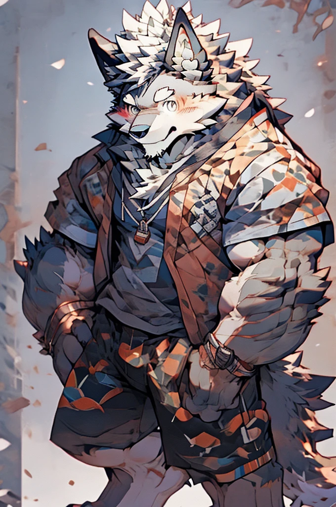 solo, male, werewolf, ((mature and older werewolf with muscular and bulky, burly build)), canine, facial hair covering a black beard, blushing, chest and stomach hair, smiling with happiness, grey fur covering his fluffy body and fluffy legs, splayed legs spread wide, laid on his back, looking directly at the viewer, facing viewer in a passionate and raw display, wearing only tight boxers, big bulge proudly on display, arms behind back, legs out wide, bedroom setting.
This solo male werewolf exudes maturity and power with his muscular build and burly stature. The grey fur covering his body.