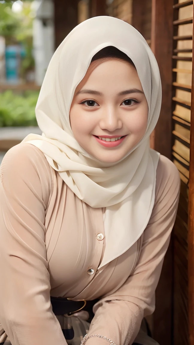 Selfie taken, See full body, luxury details, 8k, natural, realistic, amazing shots, ULTRA HD,
1 girl, 18 years old, smooth white face, white skin, smailing,  neat white teeth, big breasts, wearing a long white hijab covering the body, with decorations on the hijab, Muslim clothes for worship, beautiful face, beautiful black face, cute, curly eyelashes, beautiful eyes , sweet smile, sitting on the bed, Indonesian Muslim, realistic, atmosphere in the out door, in the cafe,