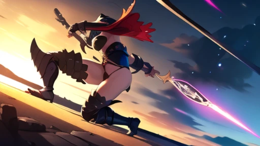 (((8k,Best Quality)), Masterpiece, outdoor, girl, holding sword, dynamic pose, combat, feet out of frame,  female, fantasy armor,  solo, thong, blurry background, low detail background,
dutch angle, facing away,
