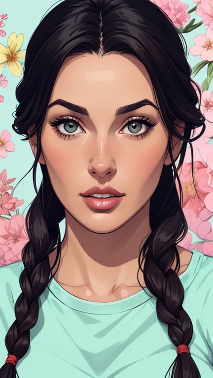 Character Monica Bellucci cartoon image of a young woman  .cartoon style illustration, estilo de arte dos desenhos animados,digital illustration style, design de personagens altamente detalhado, arte digital detalhada profissional, floresta  Design de personagens de retrato, beautiful digital illustration, retrato de alta qualidade, Arte em quadrinhos, mulher jovem.  expression of sexual desire well-aligned braided hair . Roupas leves de primavera