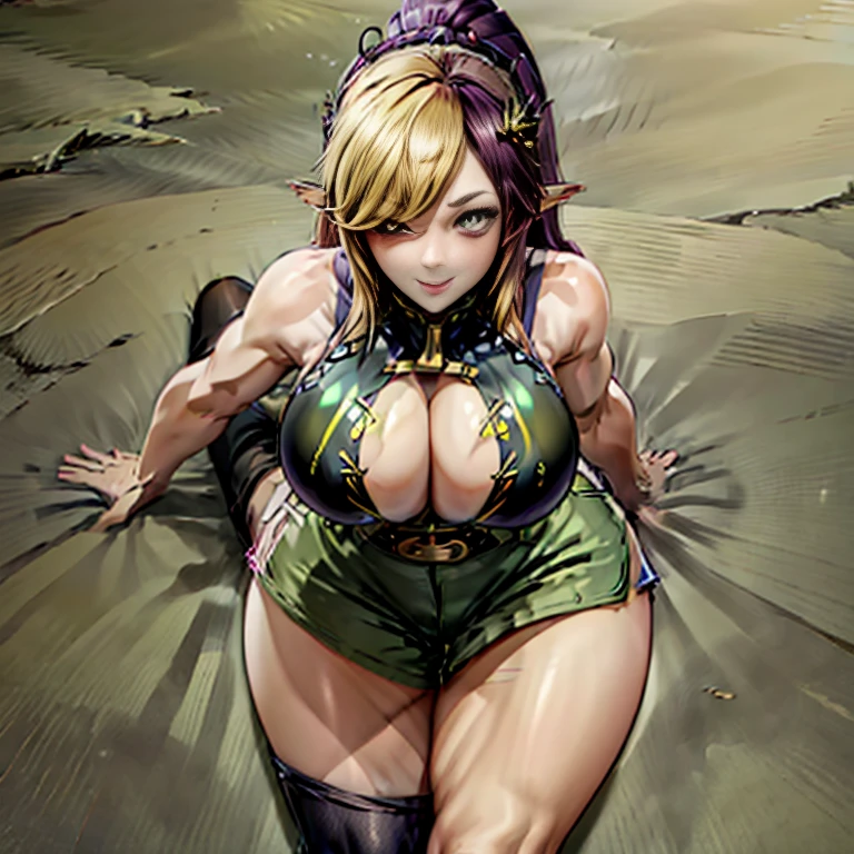 (highest quality:1.2), One girl, (masterpiece:1.2), Ray Tracing, Super detailed,Detailed face, 8k wallpaper, Tight waist, Wide Hips, smile, Outdoor, Lucoa Dragon Maid_NDV, One girl, Multicolored Hair, Blonde, Huge breasts, Long Hair, horn, Denim shorts, Tank top, Black knee socks, Variegated eyes, Baseball cap,  (Green Eyes, Close one eye:1.2)、Sex、69